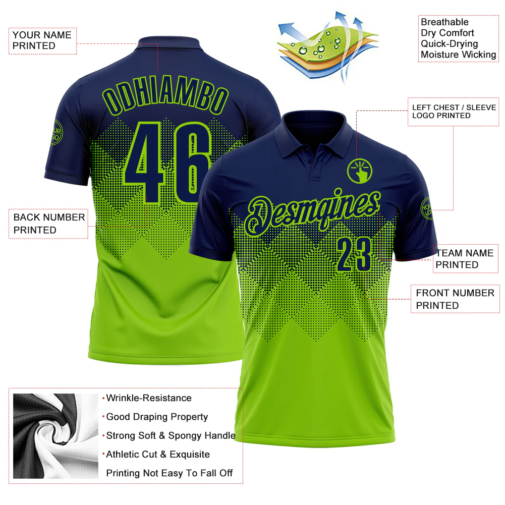 Custom Navy Neon Green 3D Gradient Square Shape Performance Polo Shirt - Image 3
