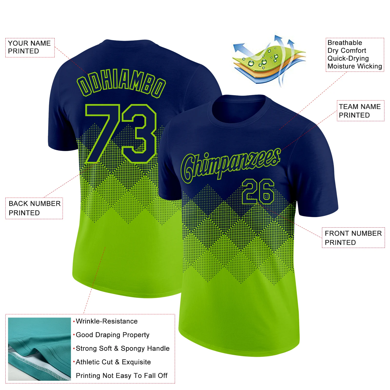 Custom Navy Neon Green 3D Pattern Design Gradient Square Shapes Performance T-Shirt - Image 2