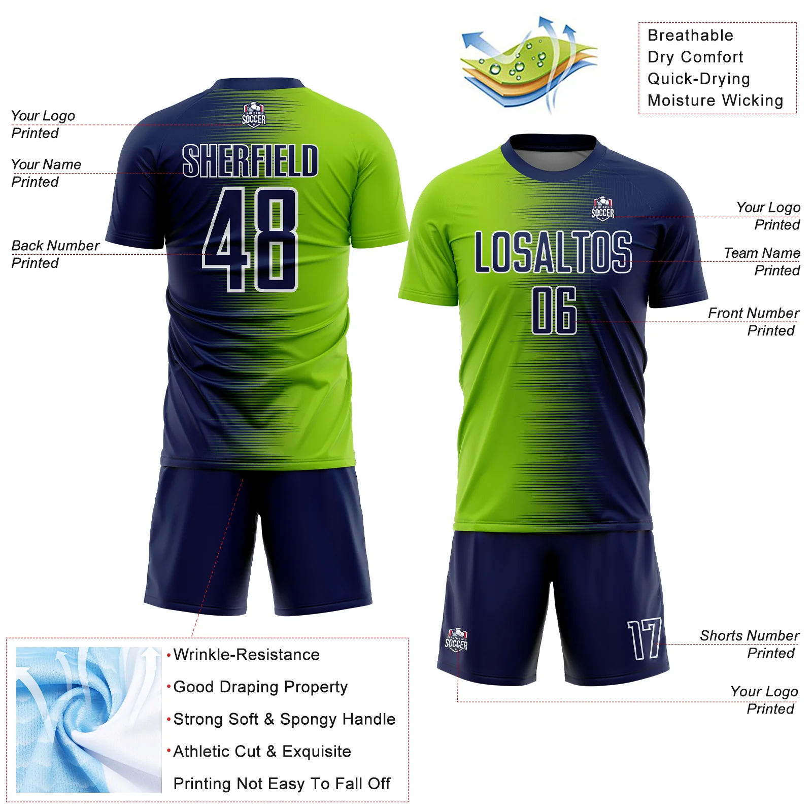 Custom Navy Neon Green-White Gradient Line Sublimation Soccer Uniform Jersey - Image 4