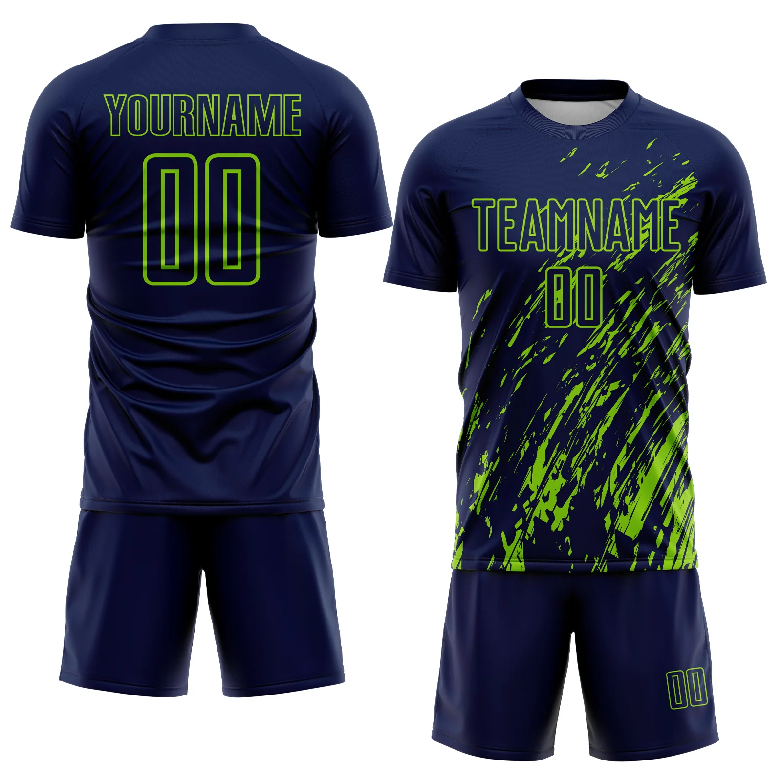 Custom Navy Neon Green Splash Sublimation Soccer Uniform Jersey - Image 2