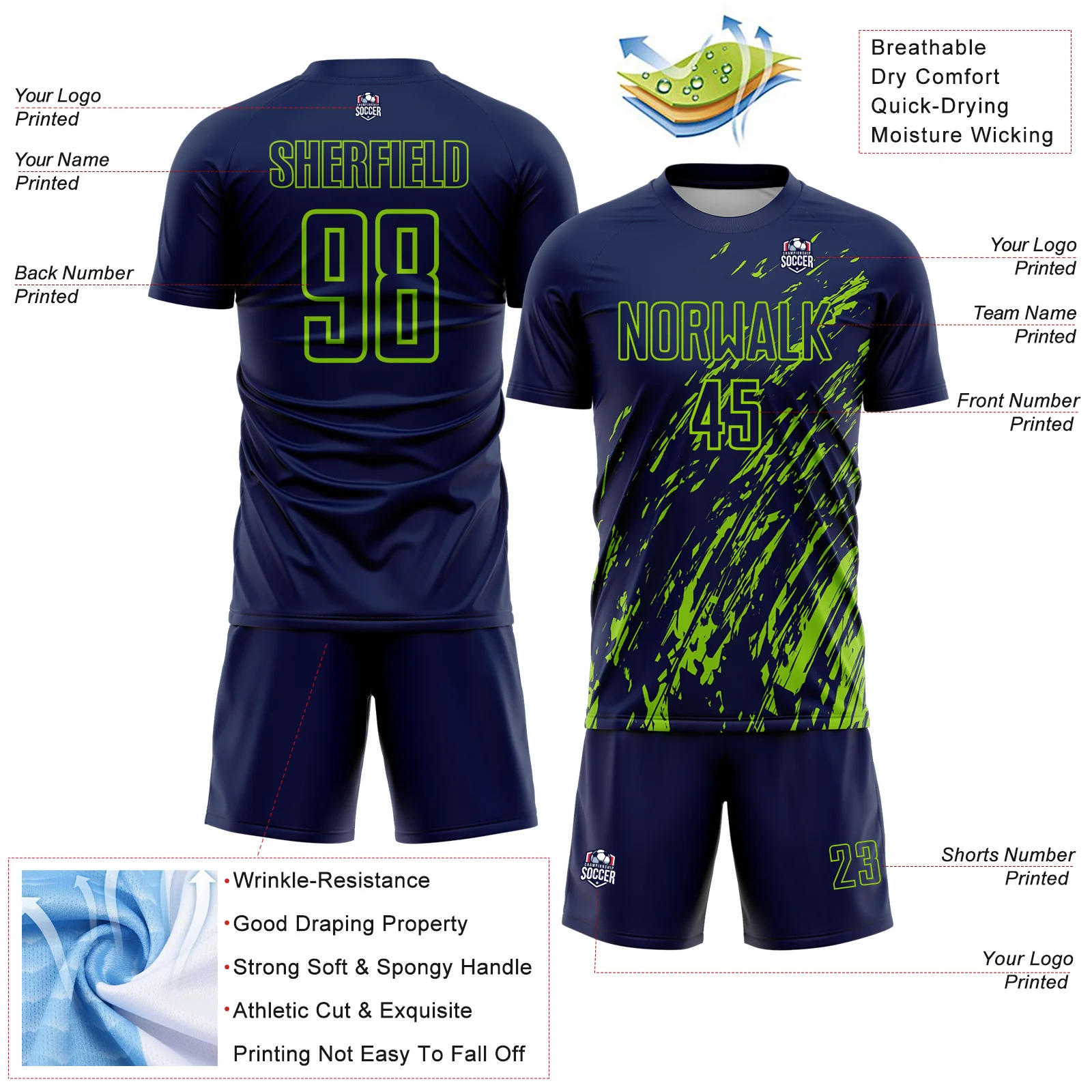 Custom Navy Neon Green Splash Sublimation Soccer Uniform Jersey - Image 4