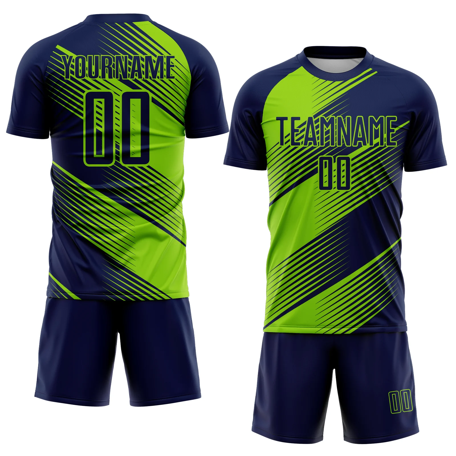 Custom Navy Neon Green Line Sublimation Soccer Uniform Jersey - Image 2