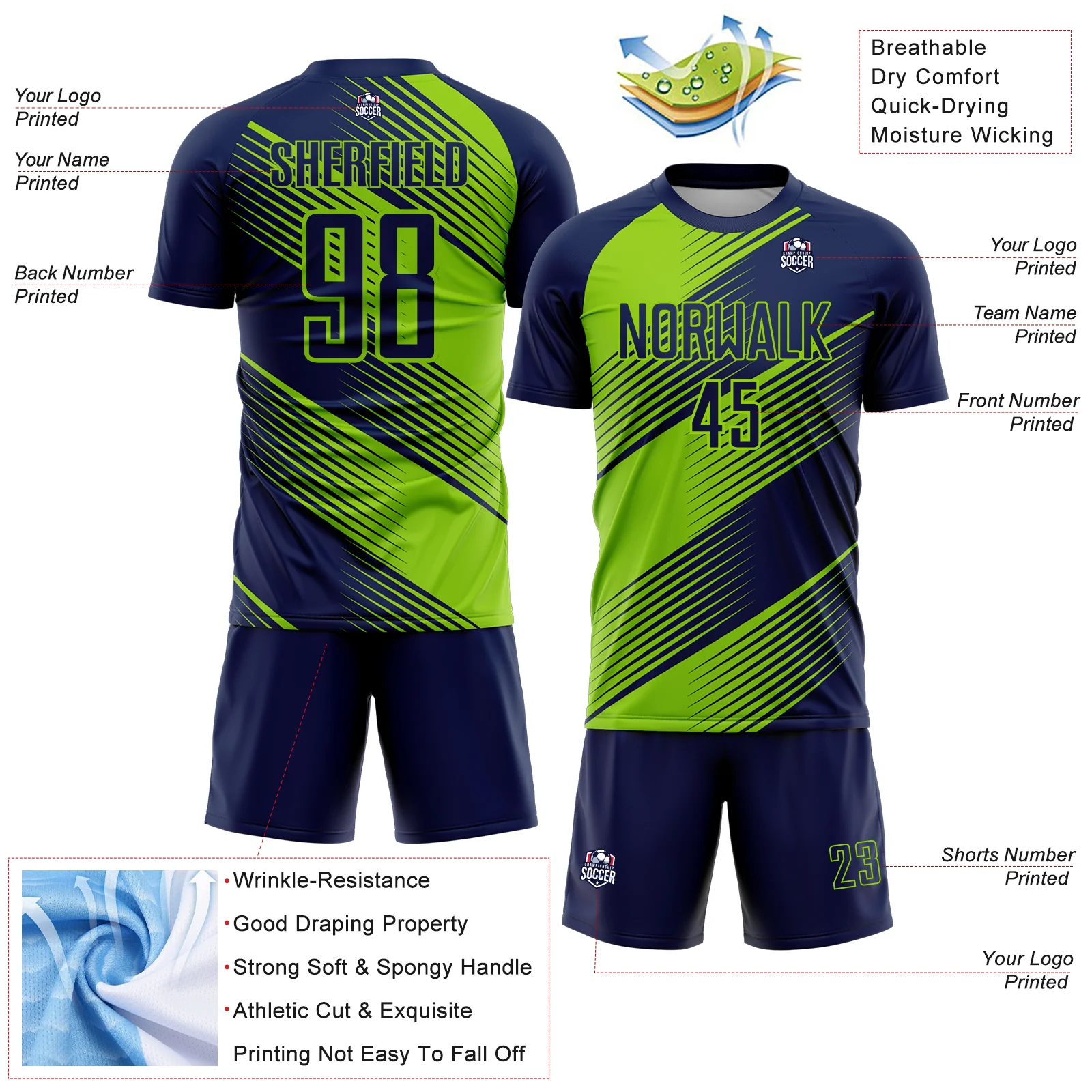 Custom Navy Neon Green Line Sublimation Soccer Uniform Jersey - Image 4
