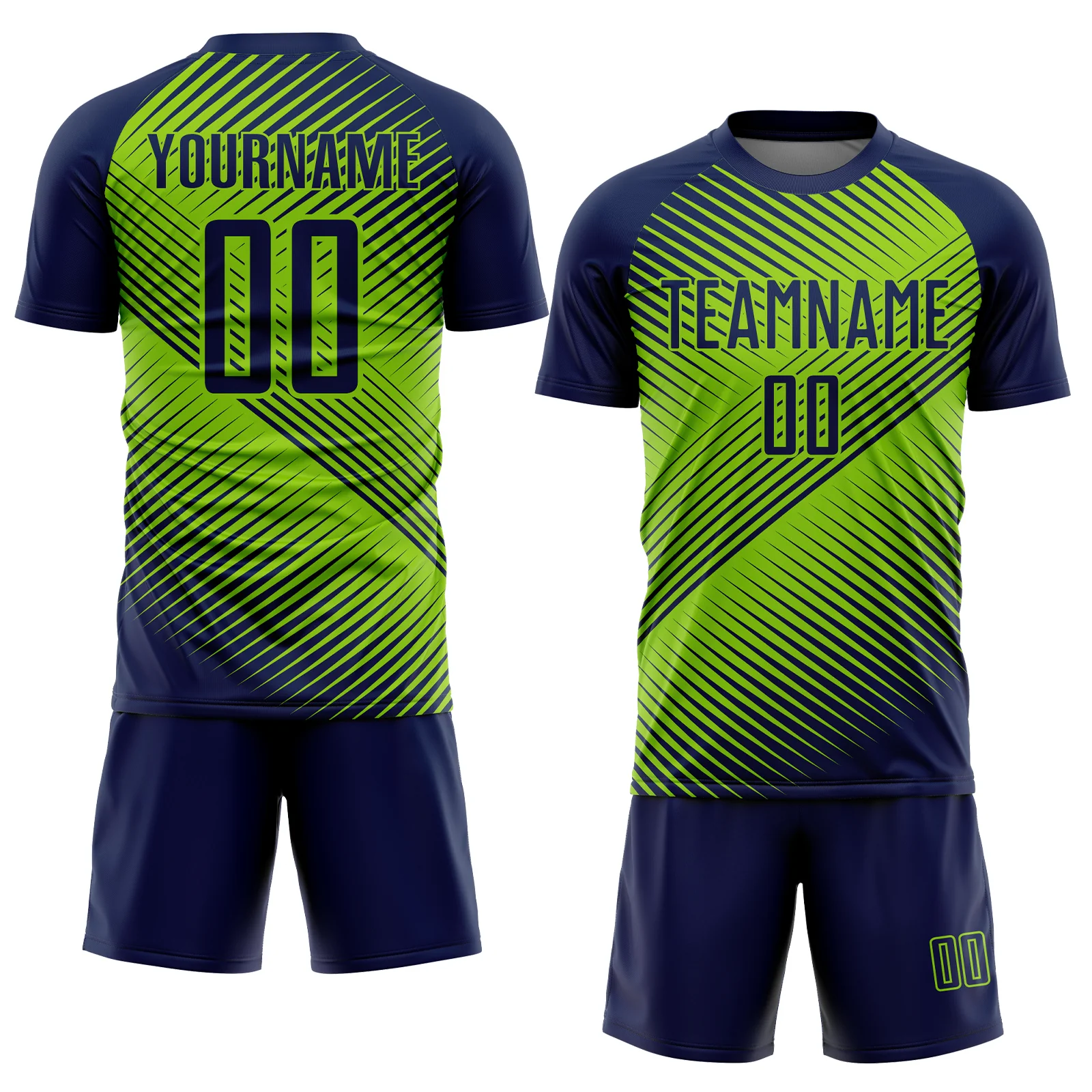 Custom Navy Neon Green Line Sublimation Soccer Uniform Jersey - Image 2