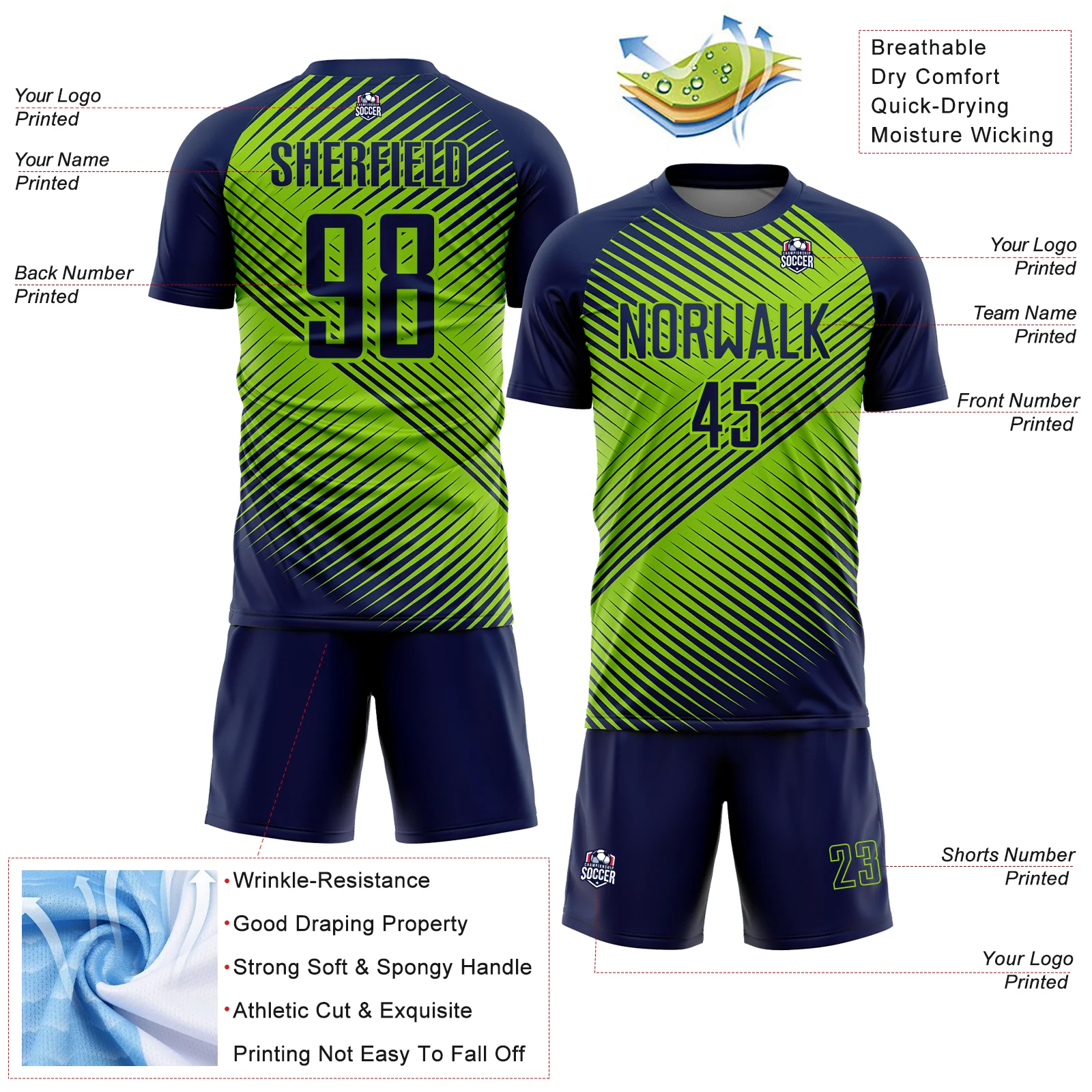 Custom Navy Neon Green Line Sublimation Soccer Uniform Jersey - Image 4