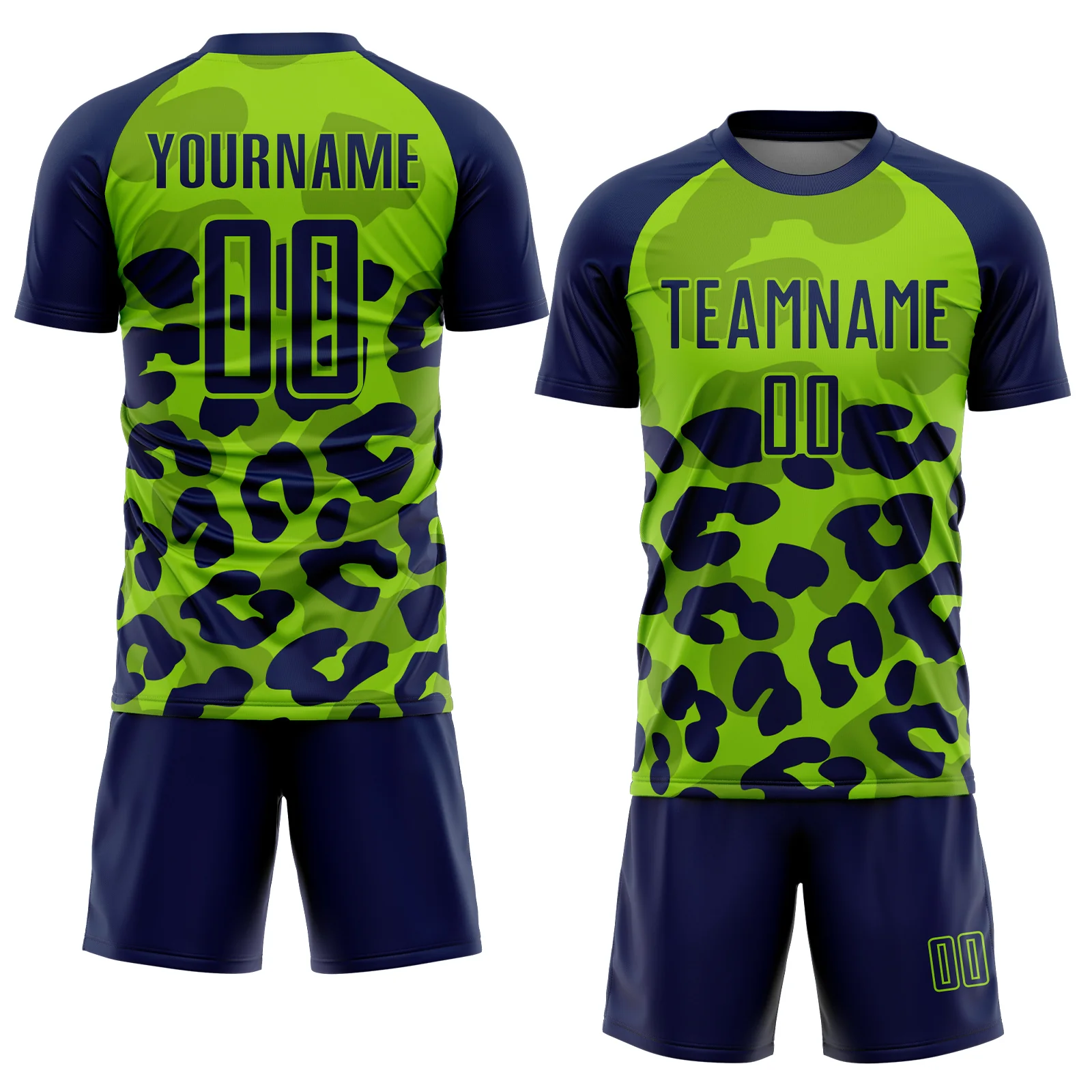 Custom Navy Neon Green Animal Leopard Print Sports Sublimation Soccer Uniform Jersey - Image 2