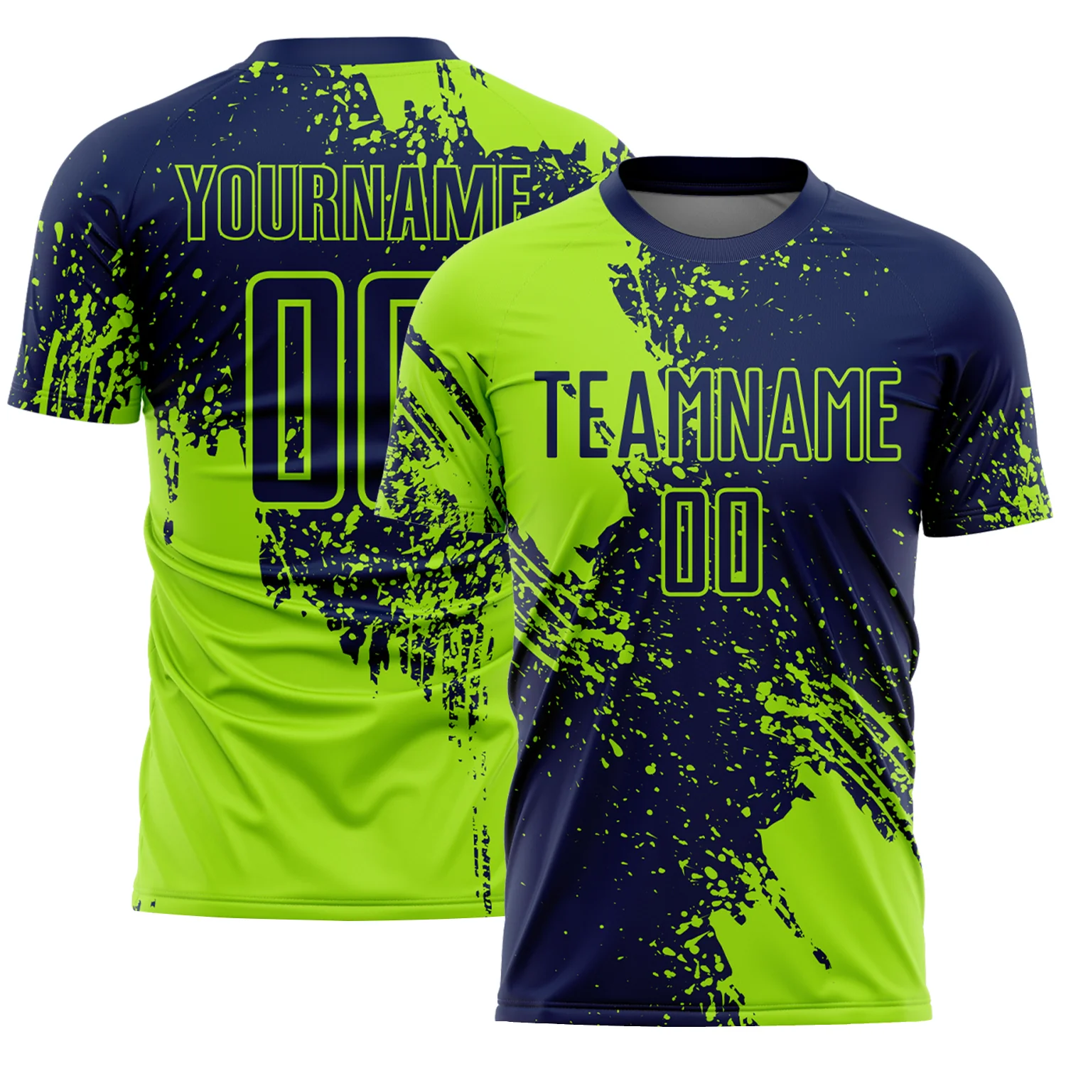 Custom Navy Neon Green Abstract Brush Stroke Sports Sublimation Soccer Uniform Jersey