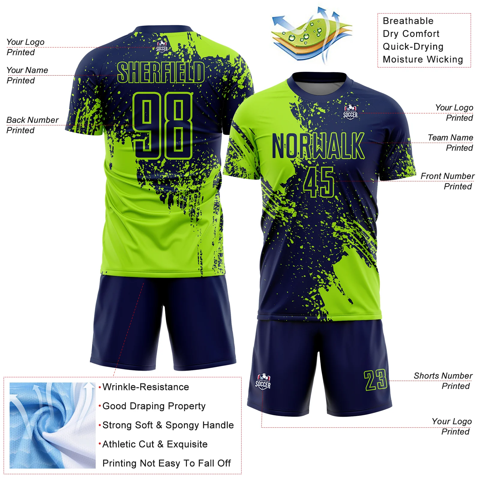 Custom Navy Neon Green Abstract Brush Stroke Sports Sublimation Soccer Uniform Jersey - Image 4
