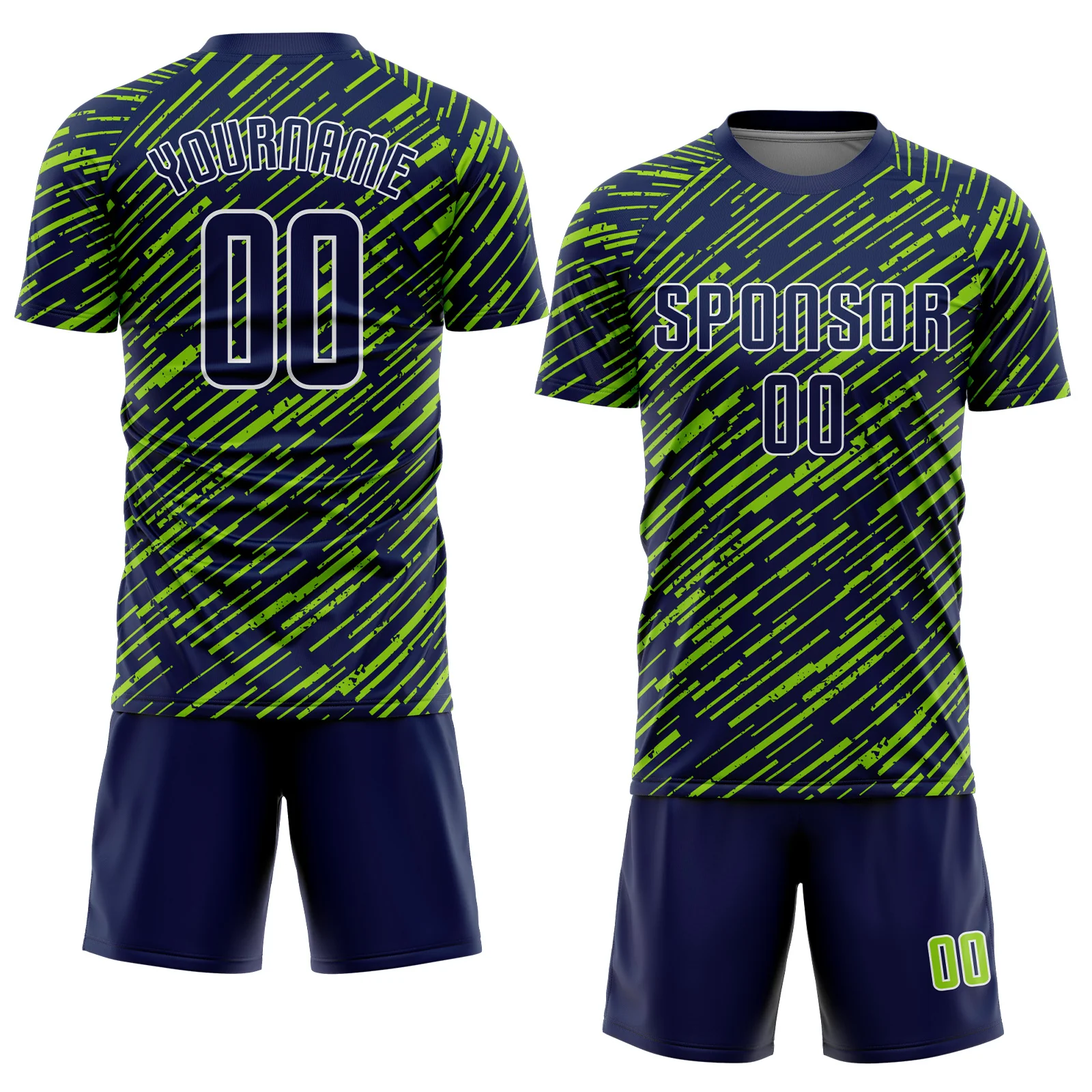 Custom Navy Neon Green-White Line Sports Sublimation Soccer Uniform Jersey - Image 2