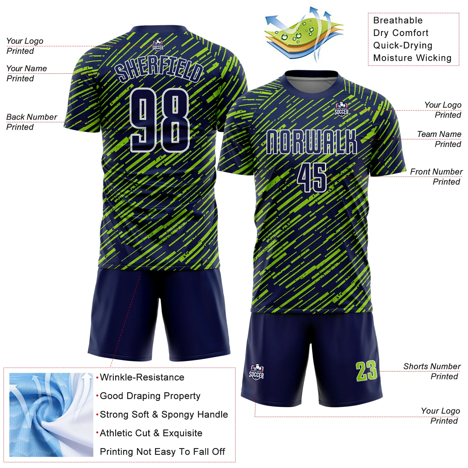 Custom Navy Neon Green-White Line Sports Sublimation Soccer Uniform Jersey - Image 4