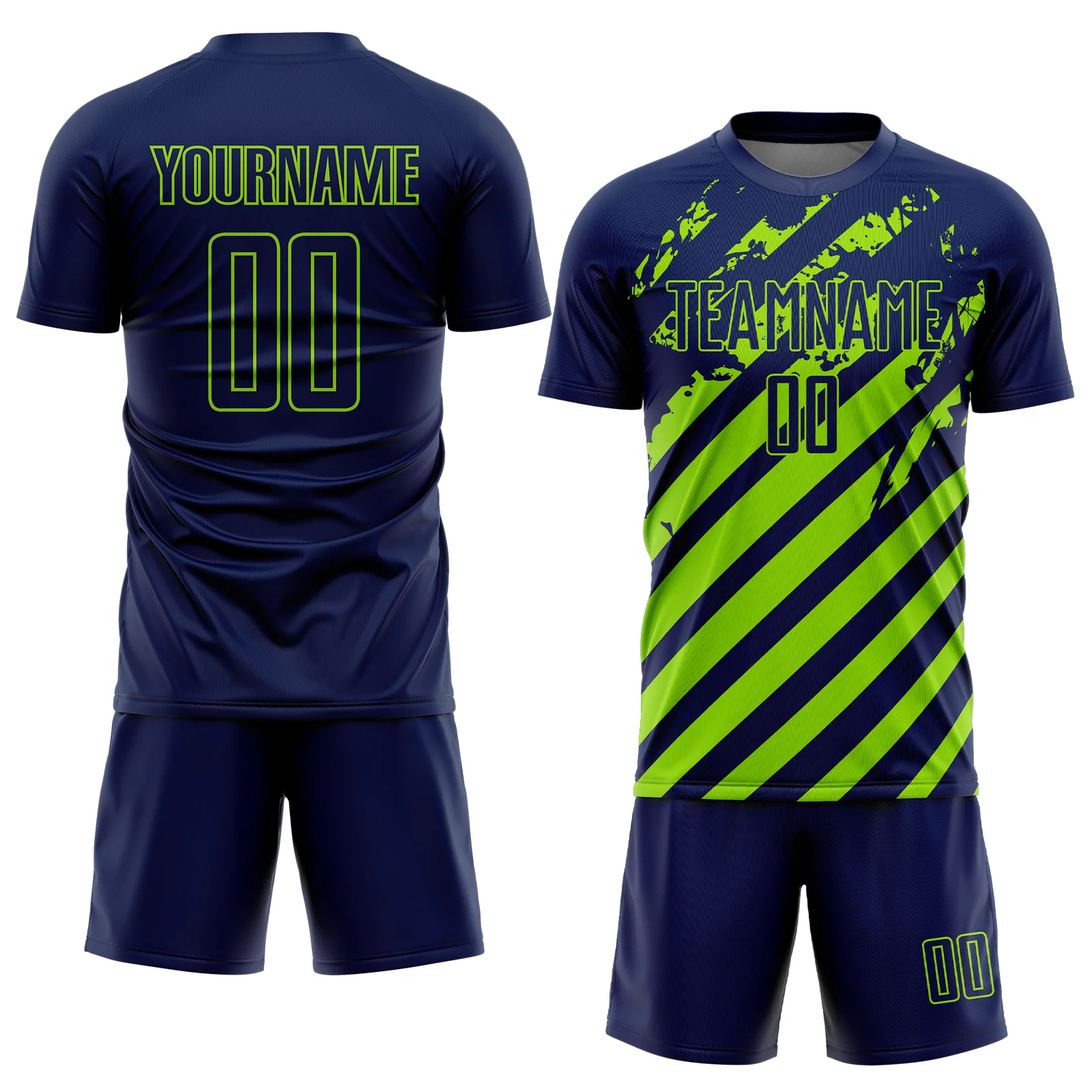 Custom Navy Neon Green Distressed Diagonal Stripe Pattern Sports Sublimation Soccer Uniform Jersey - Image 2