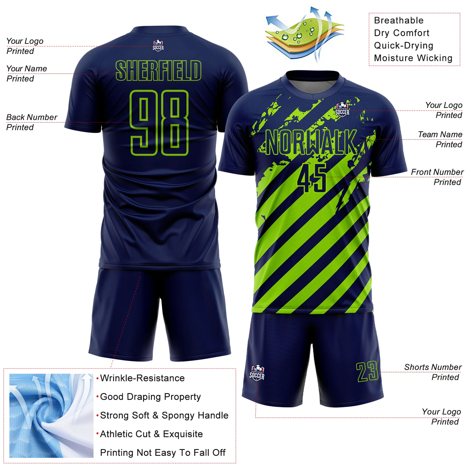 Custom Navy Neon Green Distressed Diagonal Stripe Pattern Sports Sublimation Soccer Uniform Jersey - Image 4