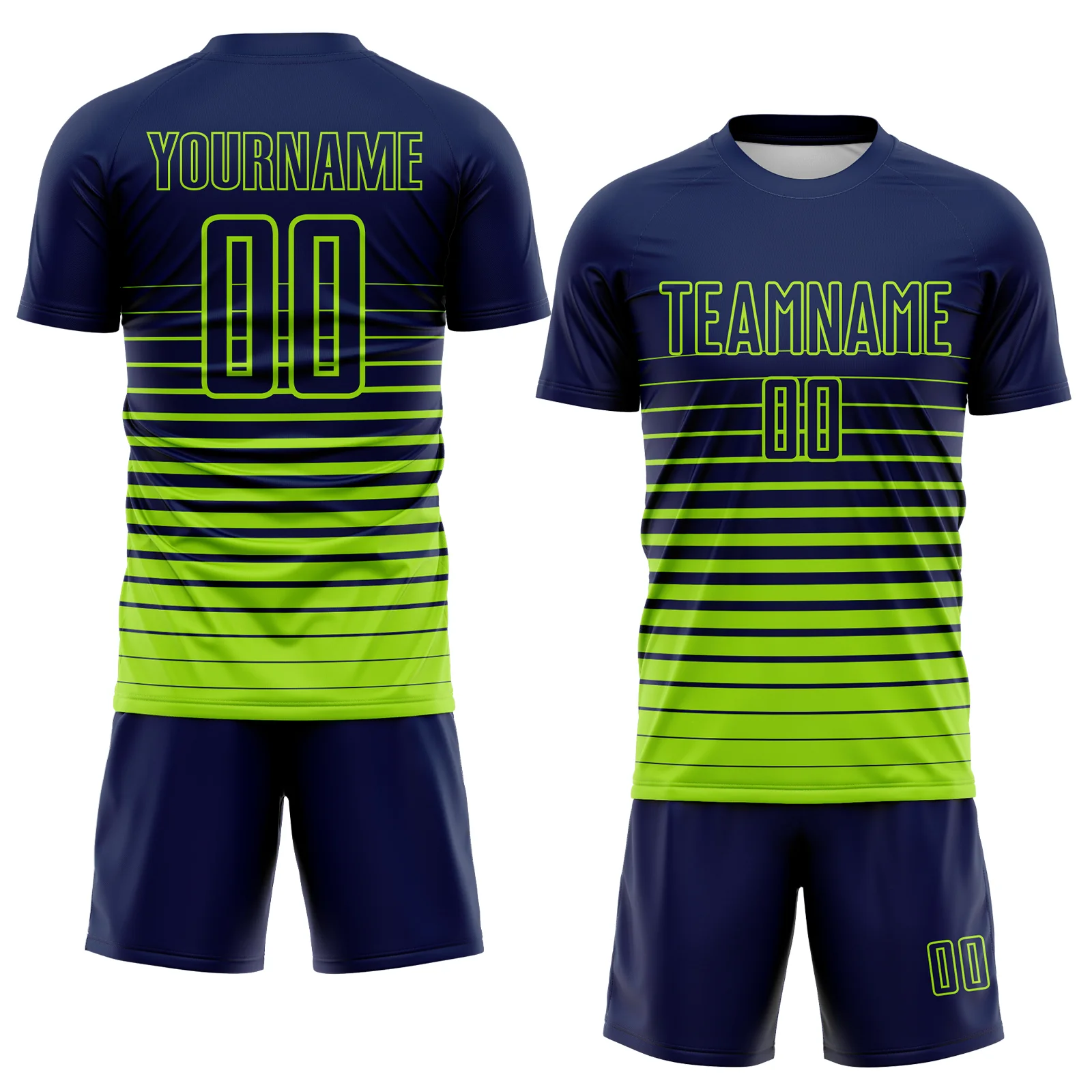 Custom Navy Neon Green Gradient Pinstripe Sublimation Soccer Uniform Jersey - Image 2