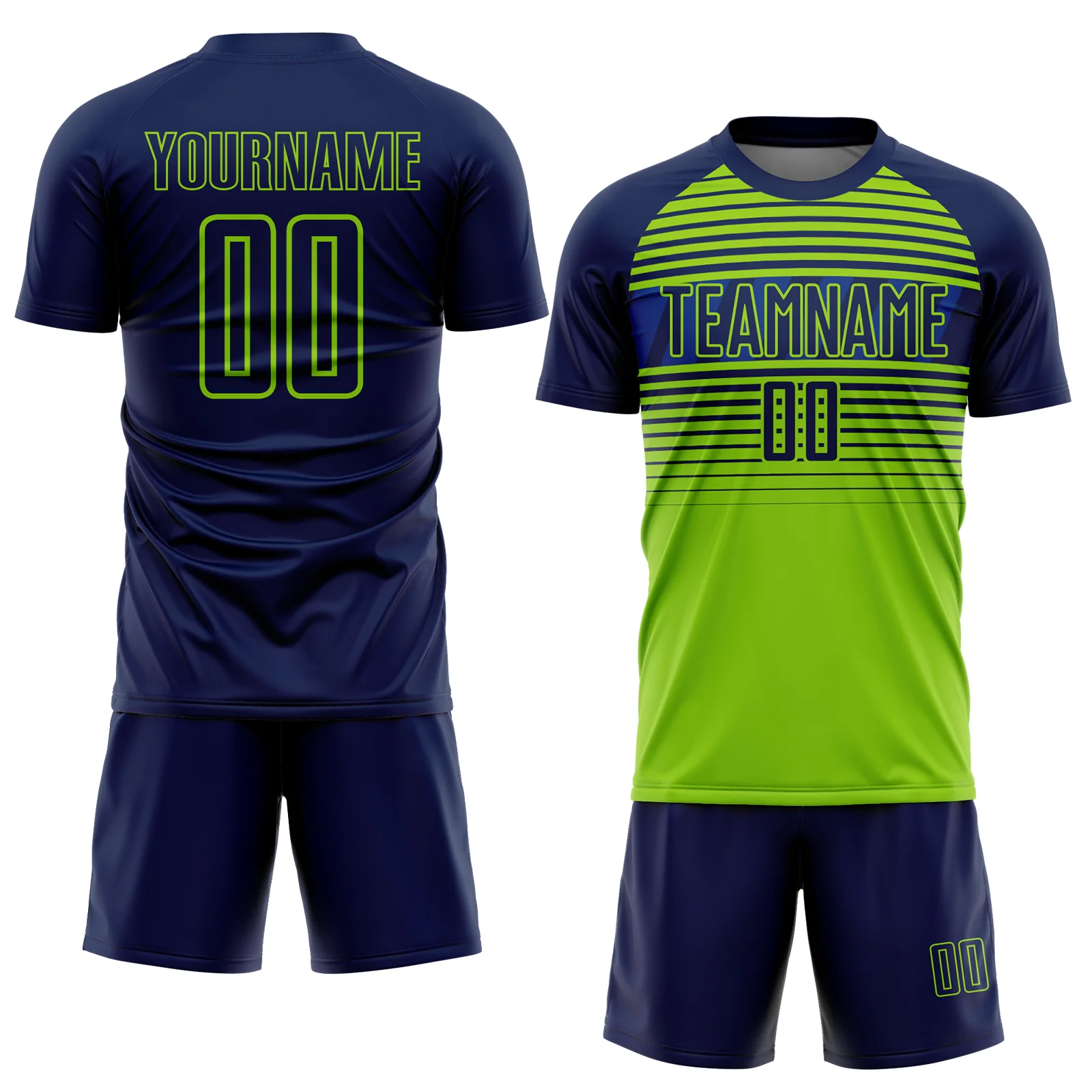 Custom Navy Neon Green-Royal Gradient Horizontal Stripes Sublimation Soccer Uniform Jersey - Image 2