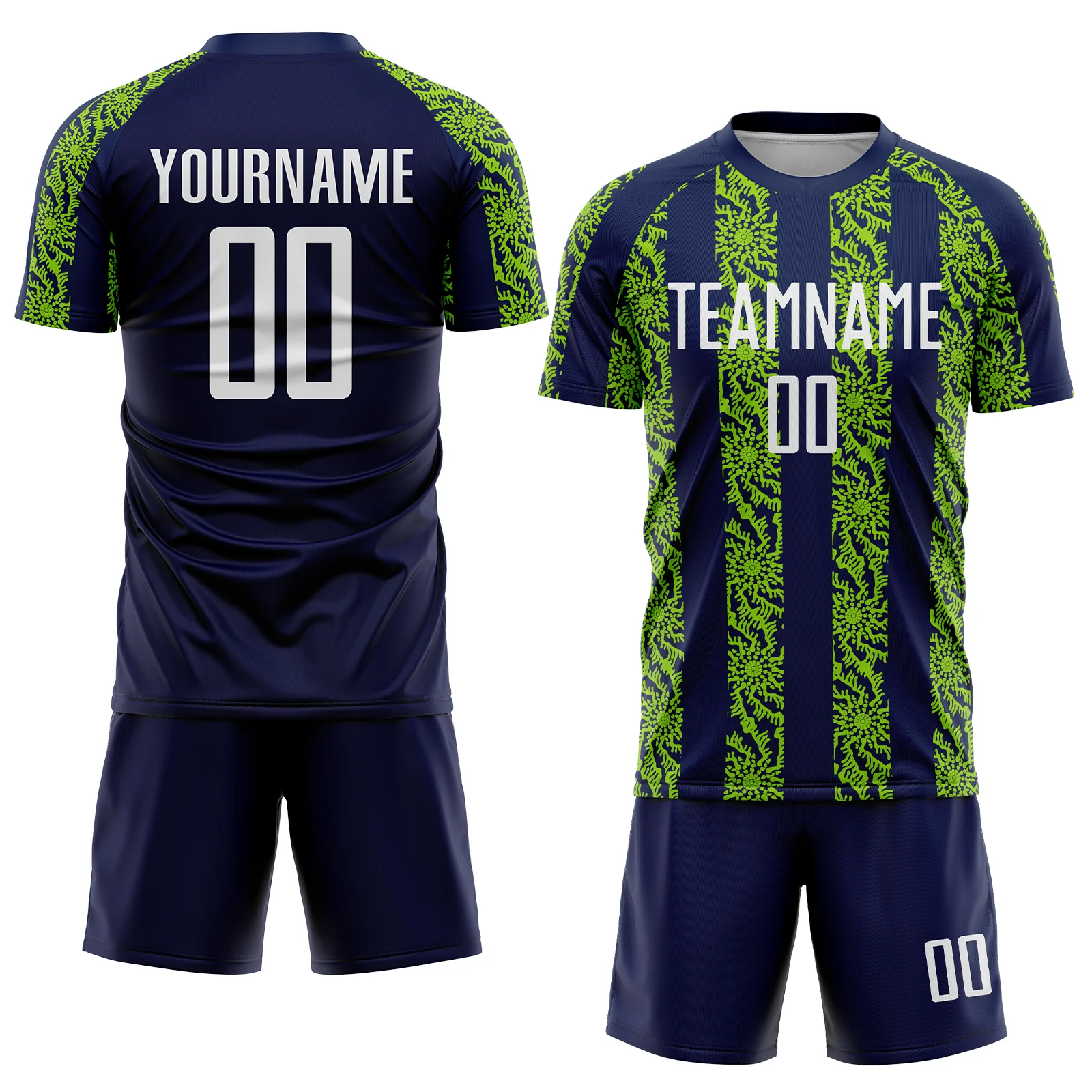 Custom Navy White-Neon Green Abstract Shape Sublimation Soccer Uniform Jersey - Image 2