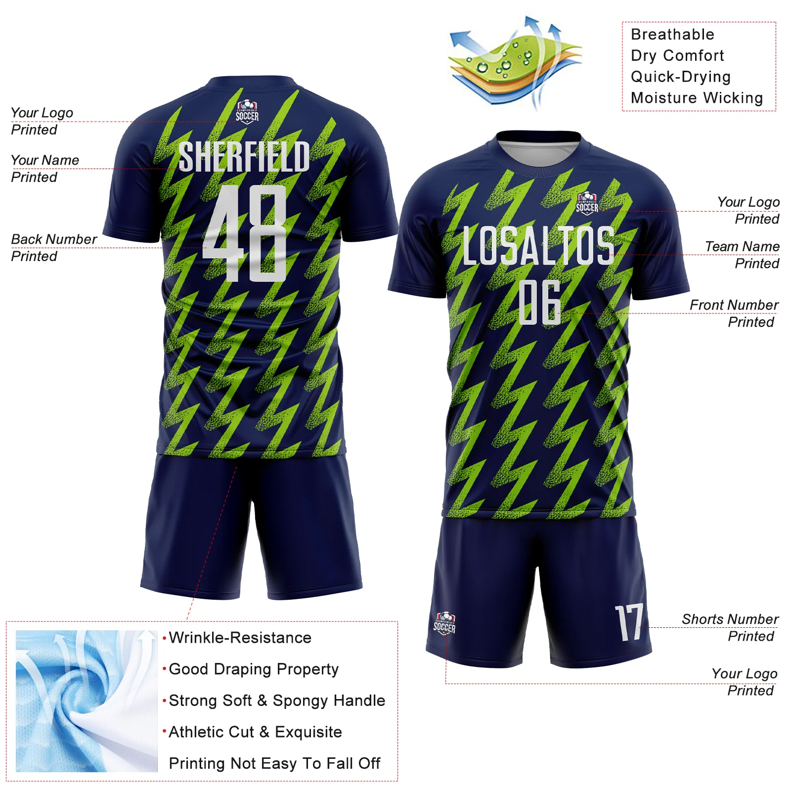 Custom Navy White-Neon Green Zigzag Shape Sublimation Soccer Uniform Jersey - Image 4