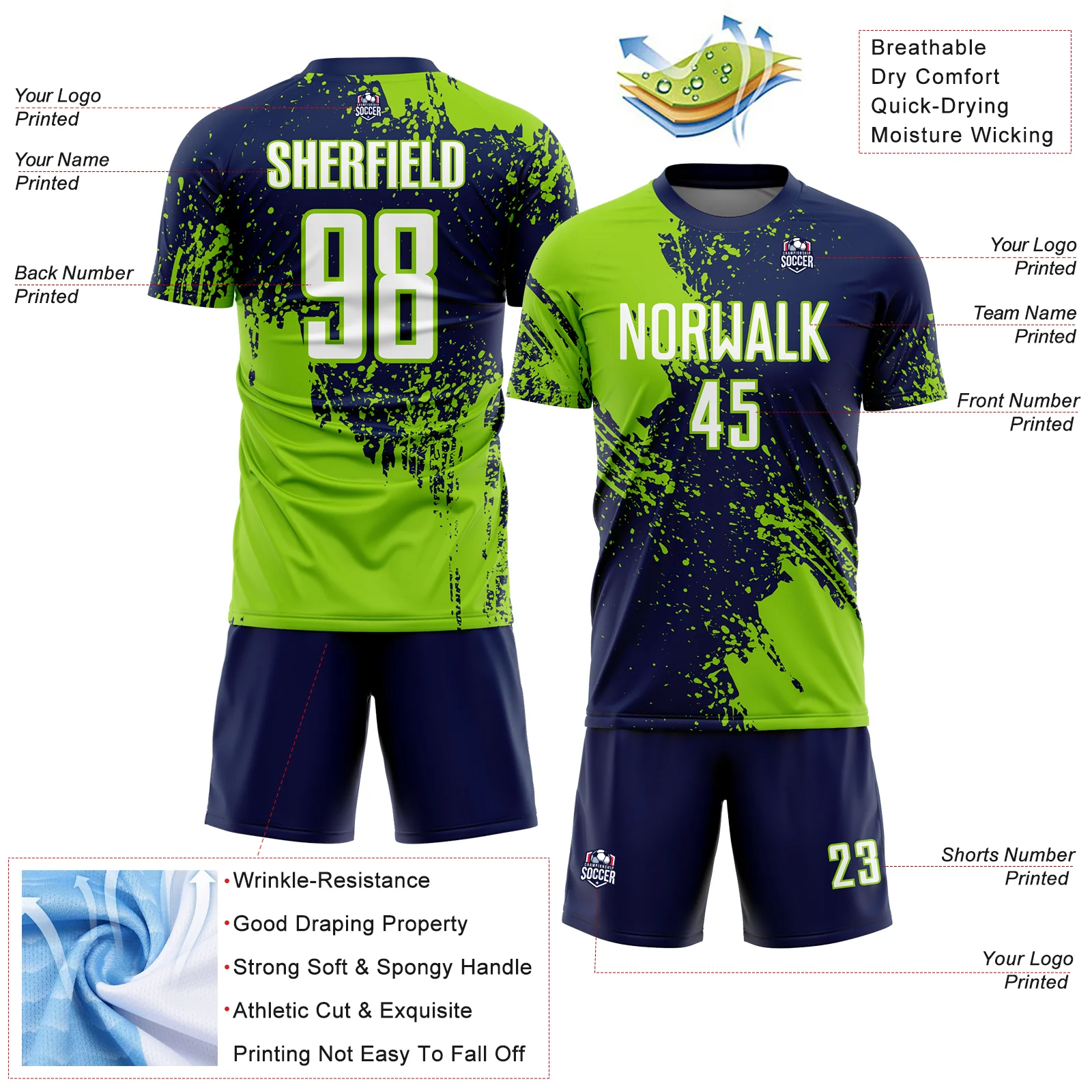 Custom Navy White-Neon Green Abstract Brush Stroke Sports Sublimation Soccer Uniform Jersey - Image 4