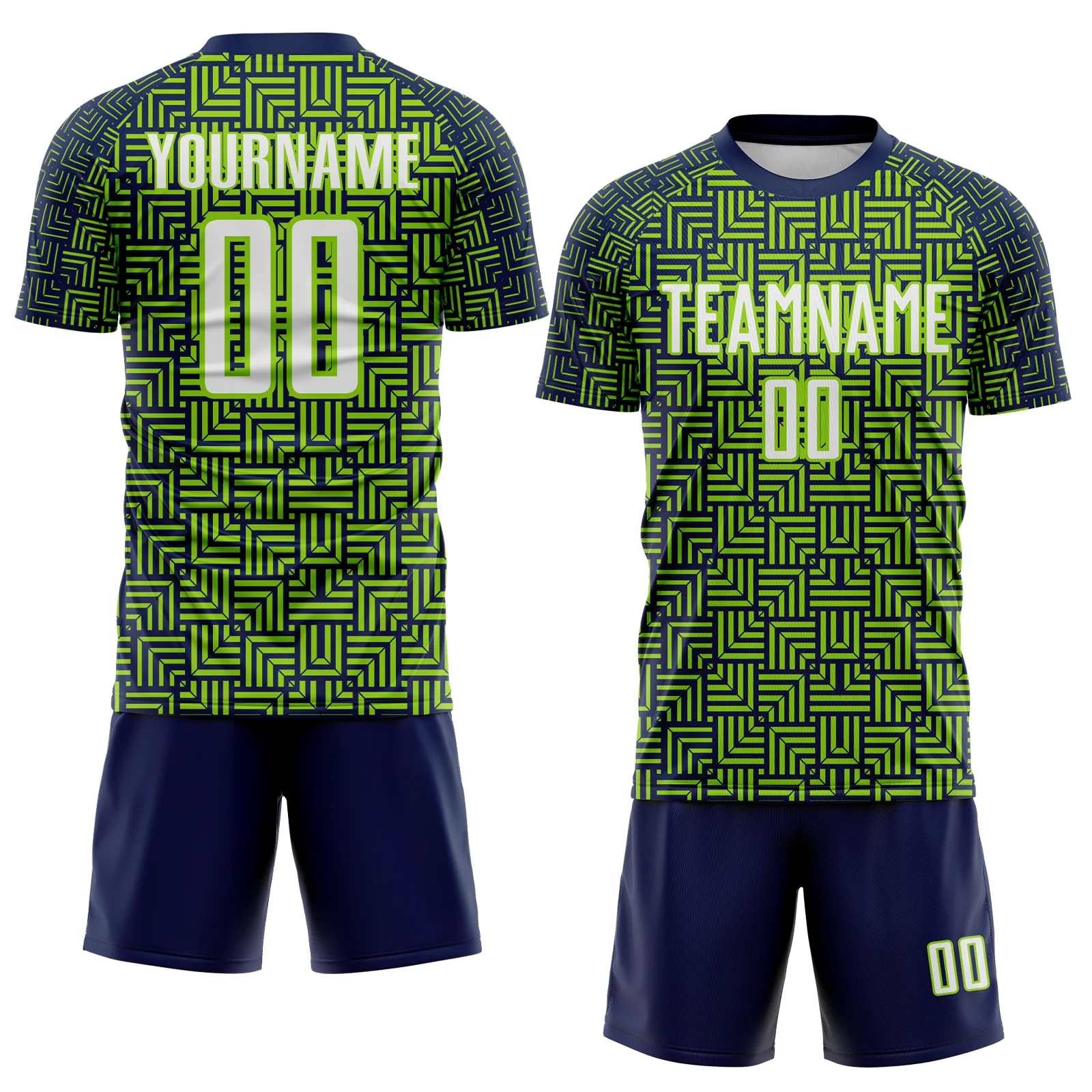 Custom Navy White-Neon Green Geometric Maze Interlocking Square Sports Sublimation Soccer Uniform Jersey - Image 2