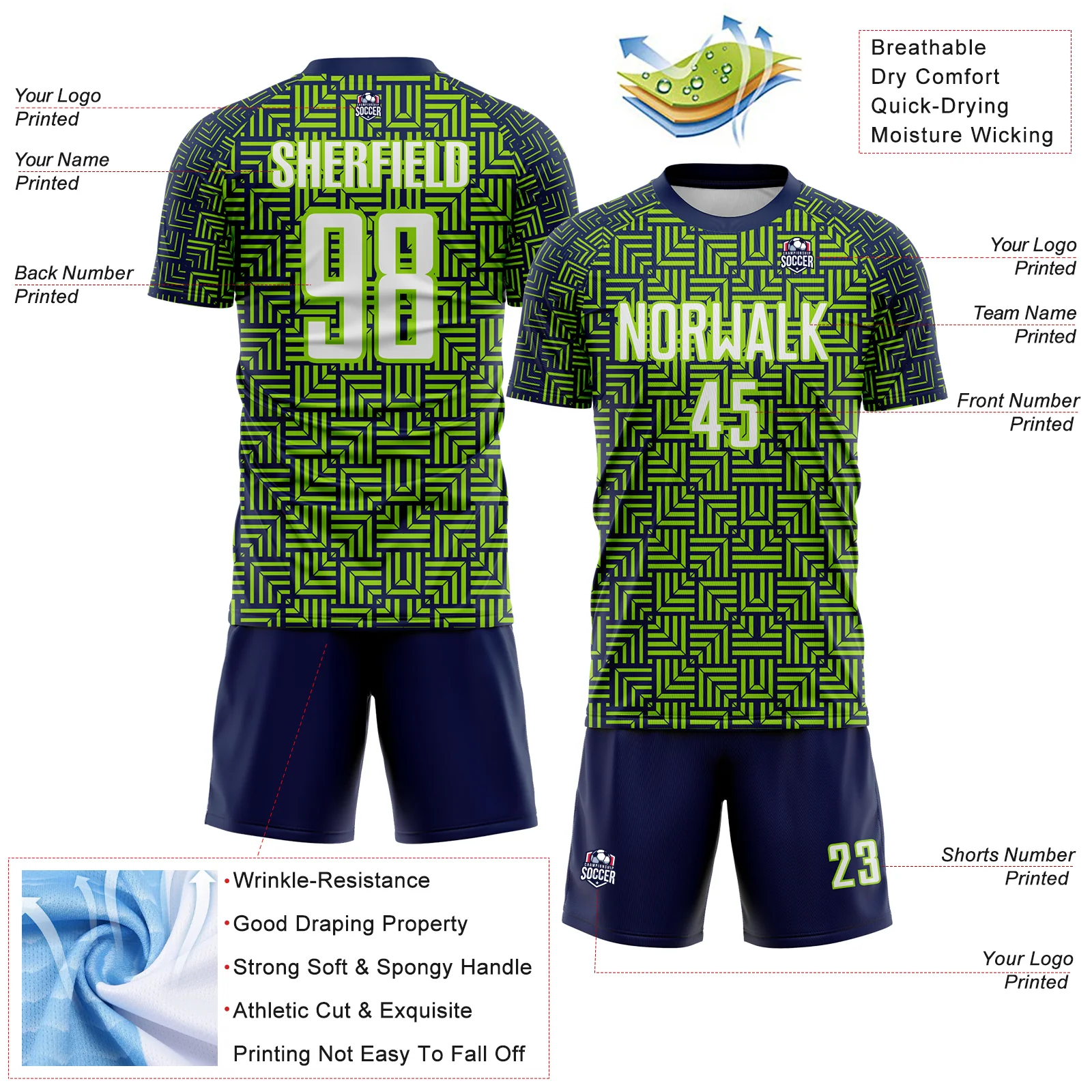 Custom Navy White-Neon Green Geometric Maze Interlocking Square Sports Sublimation Soccer Uniform Jersey - Image 4