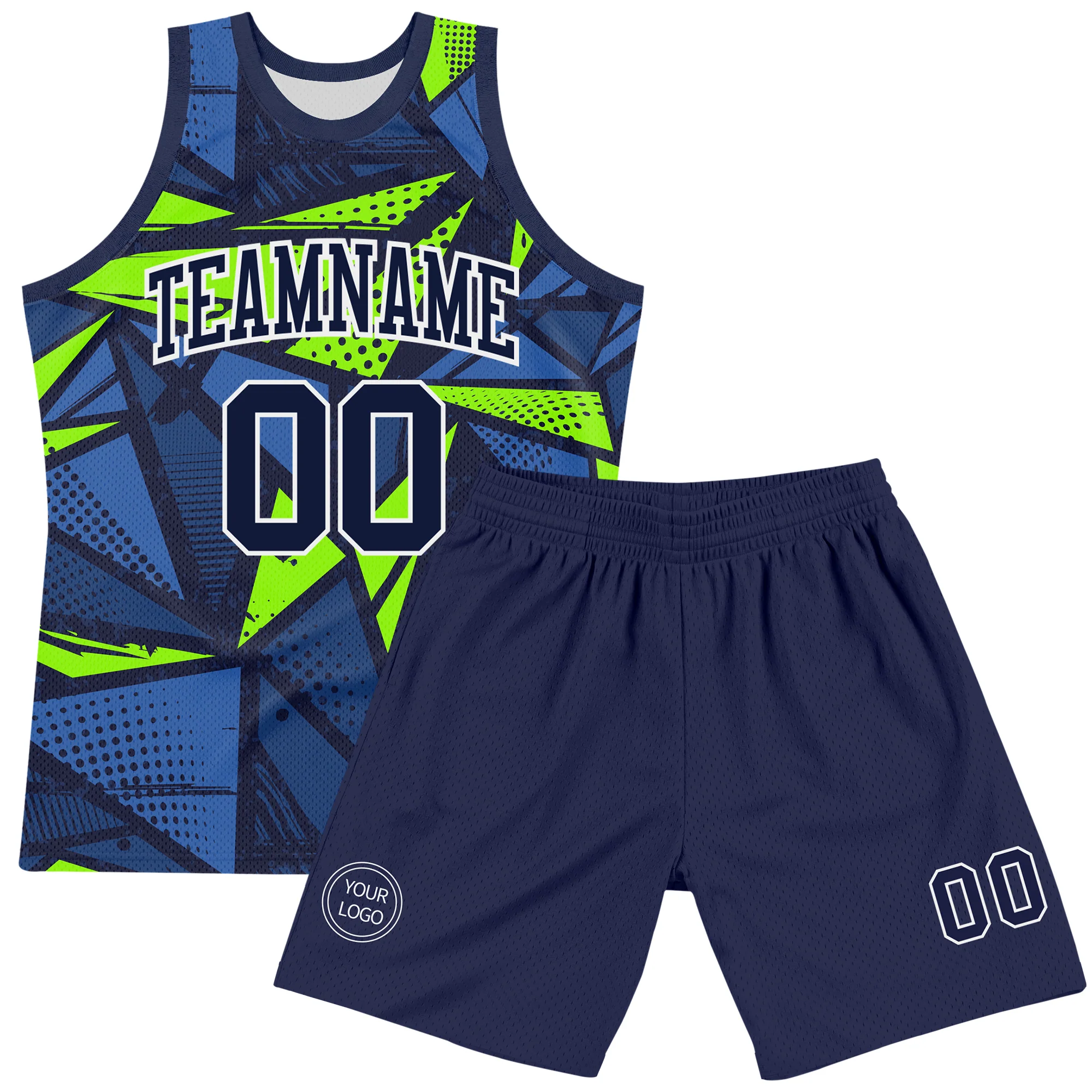 Custom Navy Neon Green-White Geometric Shape Round Neck Sublimation Basketball Suit Jersey - Image 2