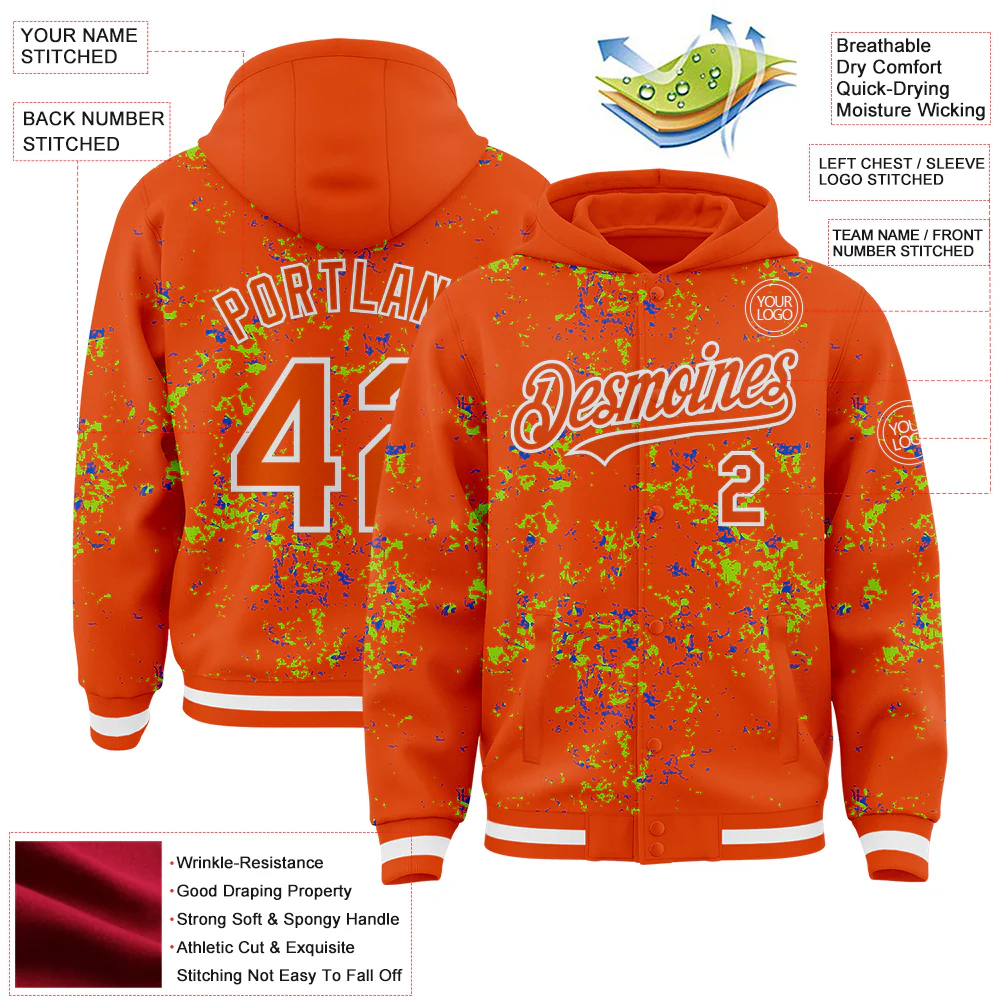 Custom Orange Neon Green Thunder Blue-White Fragment Pattern Bomber Full-Snap Varsity Letterman Hoodie Jacket - Image 4