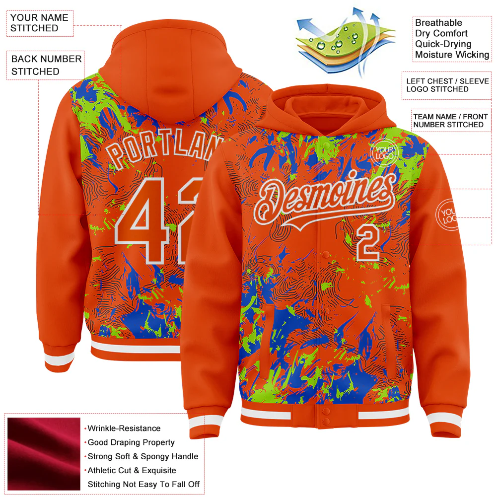 Custom Orange Neon Green Thunder Blue-White Splash Bomber Full-Snap Varsity Letterman Hoodie Jacket - Image 4
