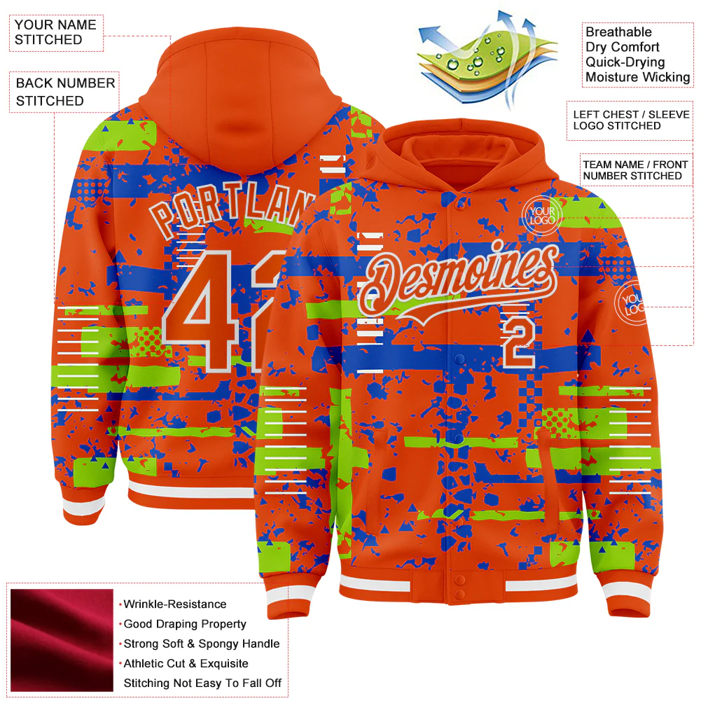 Custom Orange Neon Green Thunder Blue-White Abstract Fragment Shape Bomber Full-Snap Varsity Letterman Hoodie Jacket - Image 4