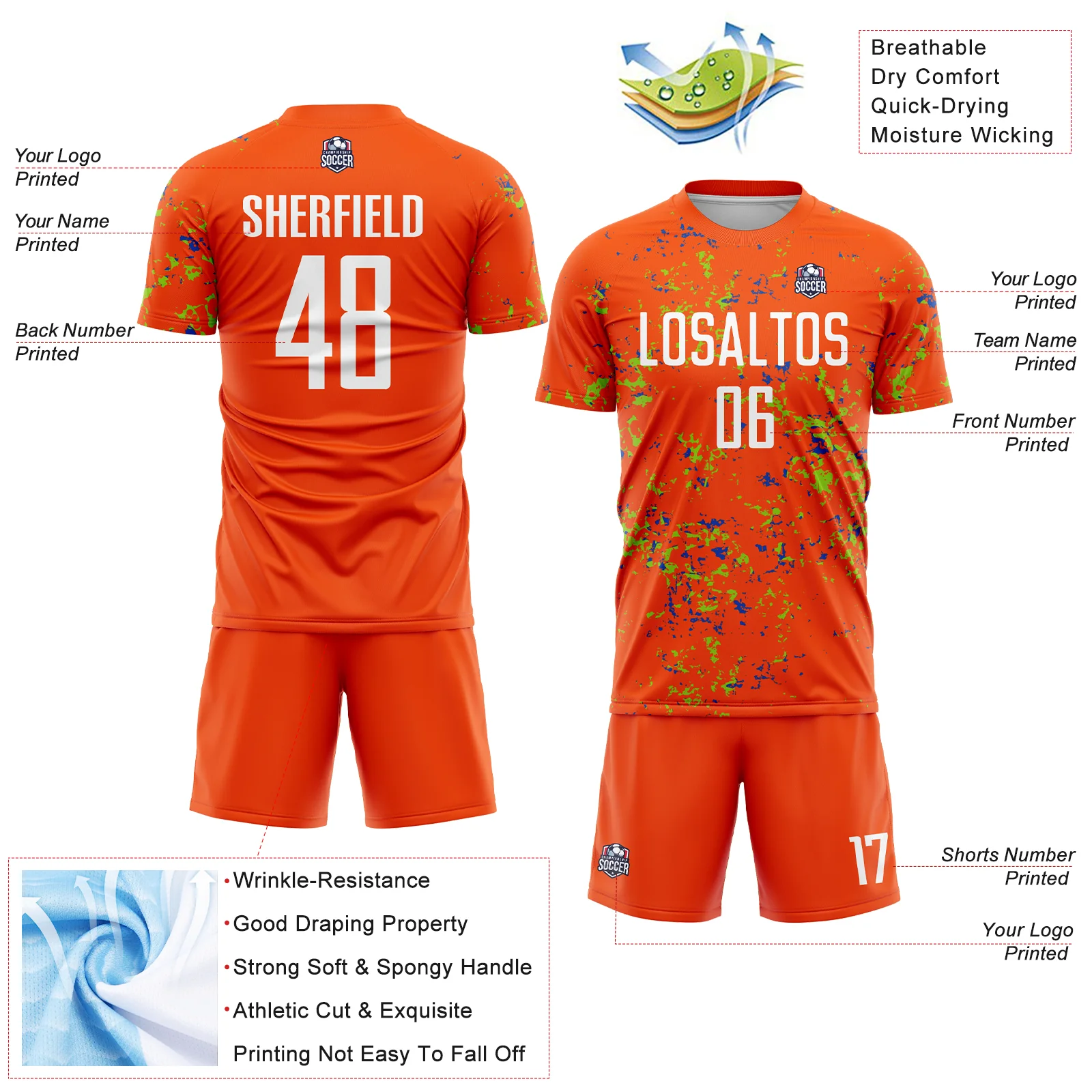 Custom Orange Neon Green-Thunder Blue Abstract Fragment Art Sublimation Soccer Uniform Jersey - Image 4