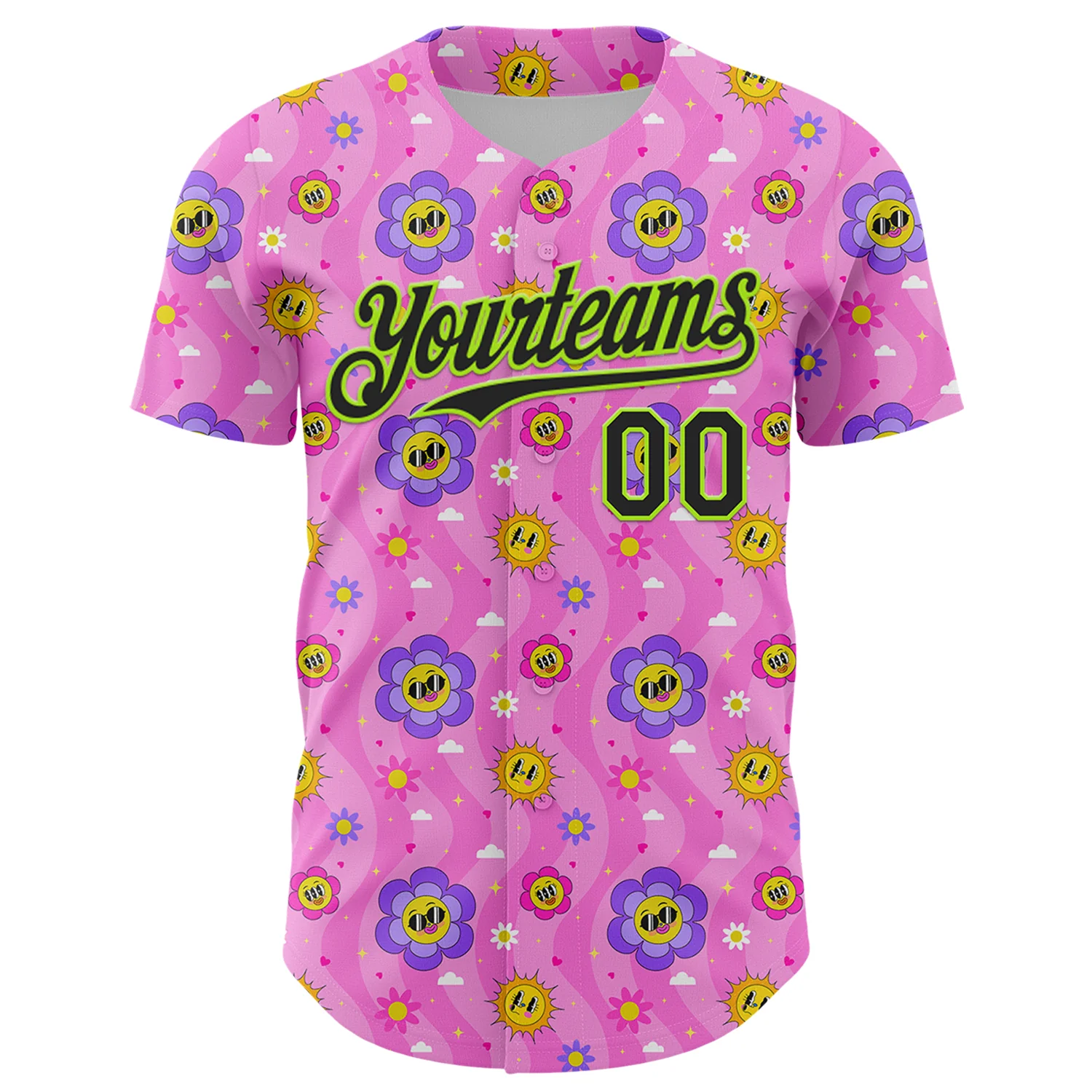Custom Pink Black-Neon Green 3D Pattern Design Funny Cartoon Flower And Sun Authentic Baseball Jersey - Image 2