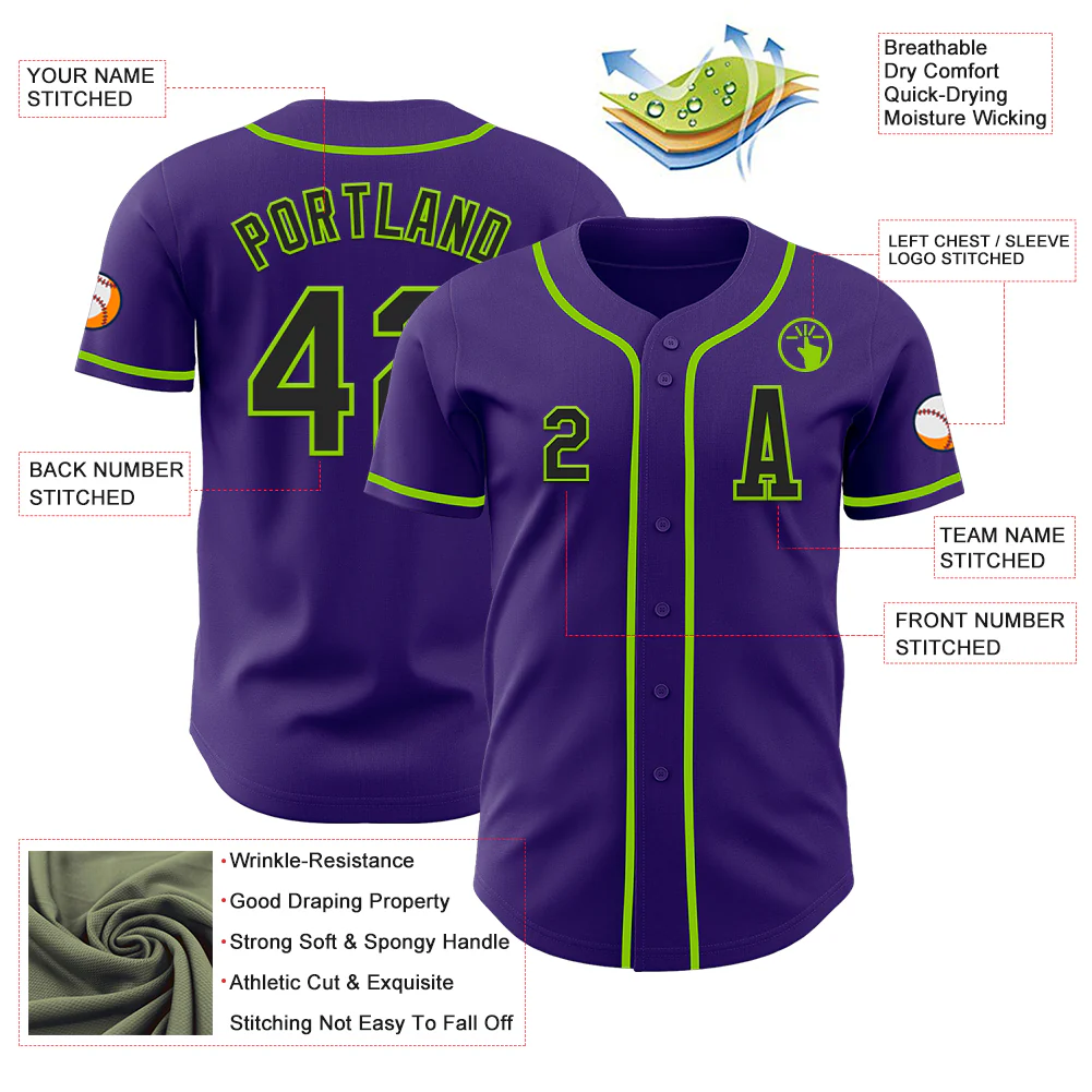 Custom Purple Black-Neon Green Authentic Baseball Jersey - Image 2