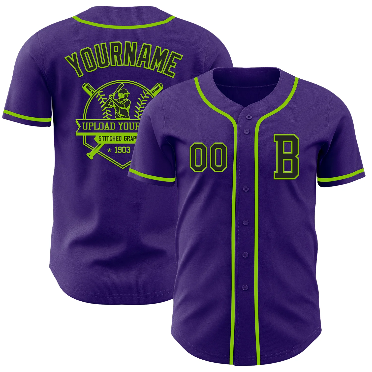 Custom Purple Black-Neon Green Authentic Baseball Jersey - Image 5