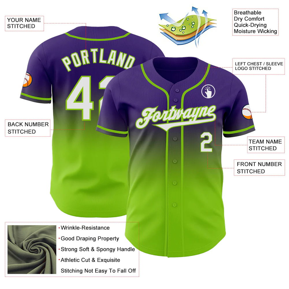 Custom Purple White-Neon Green Authentic Fade Fashion Baseball Jersey - Image 3