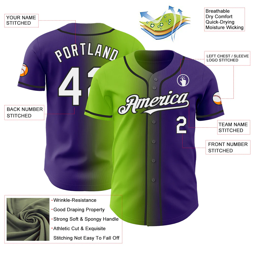 Custom Purple White Neon Green-Black Authentic Gradient Fashion Baseball Jersey - Image 3