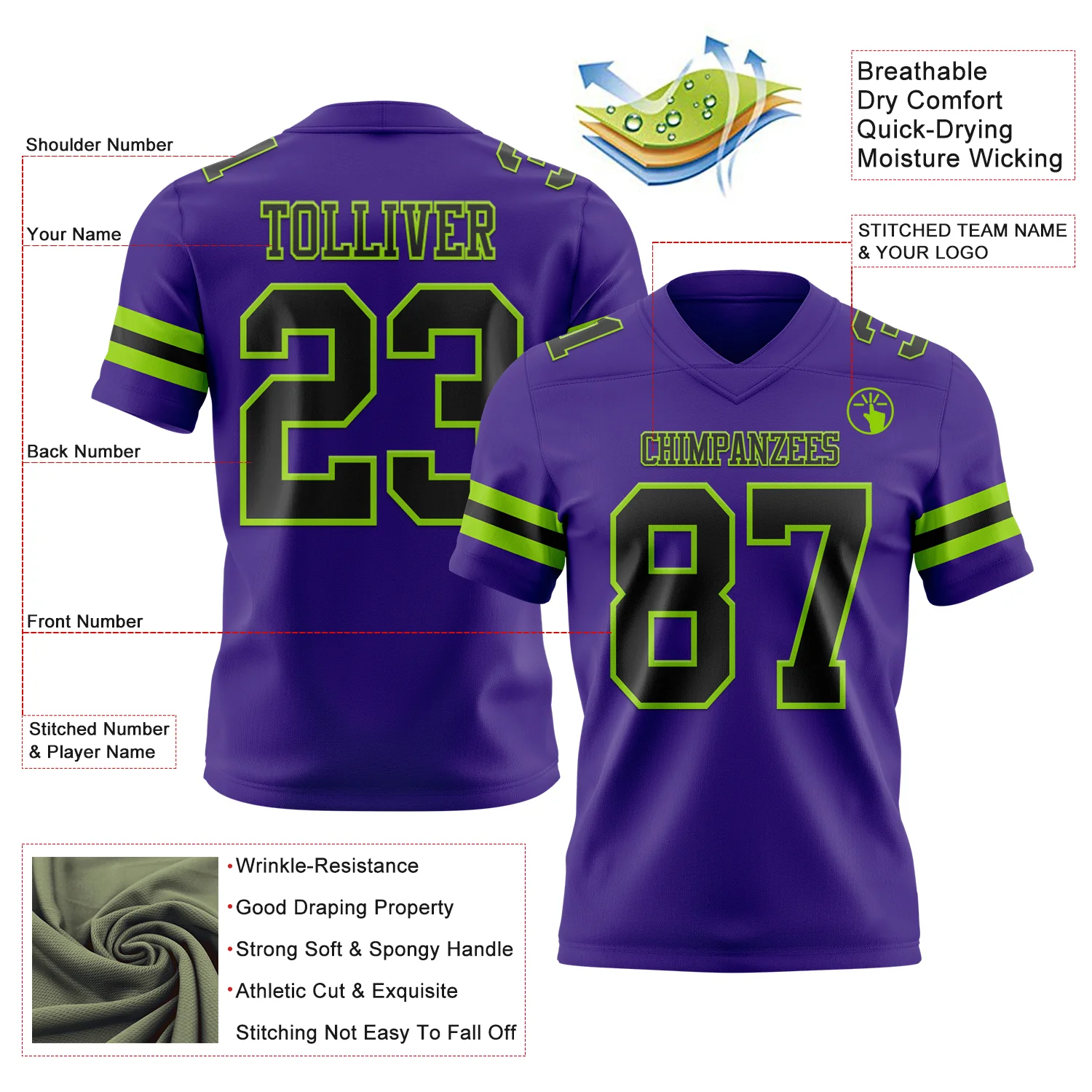 Custom Purple Black-Neon Green Authentic Football Jersey - Image 3