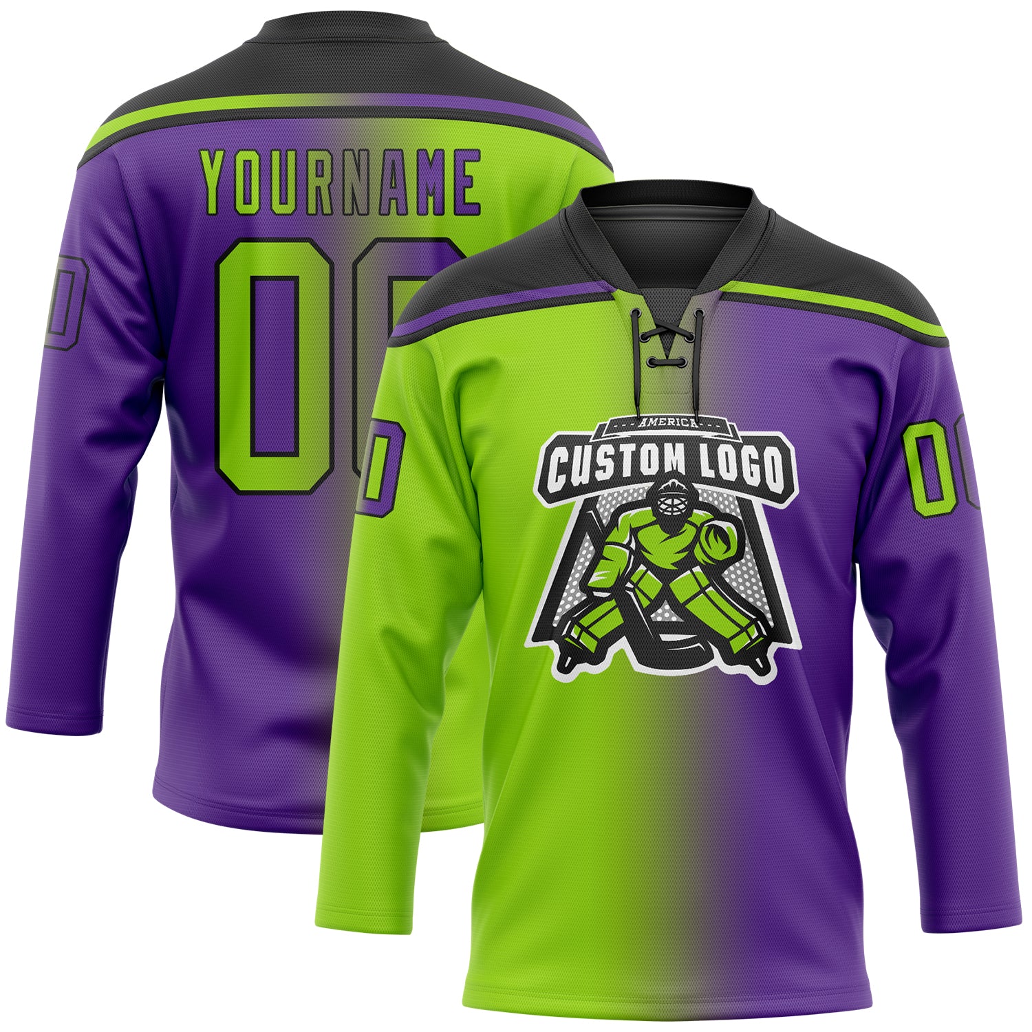 Custom Purple Neon Green-Black Gradient Fashion Hockey Lace Neck Jersey - Image 2