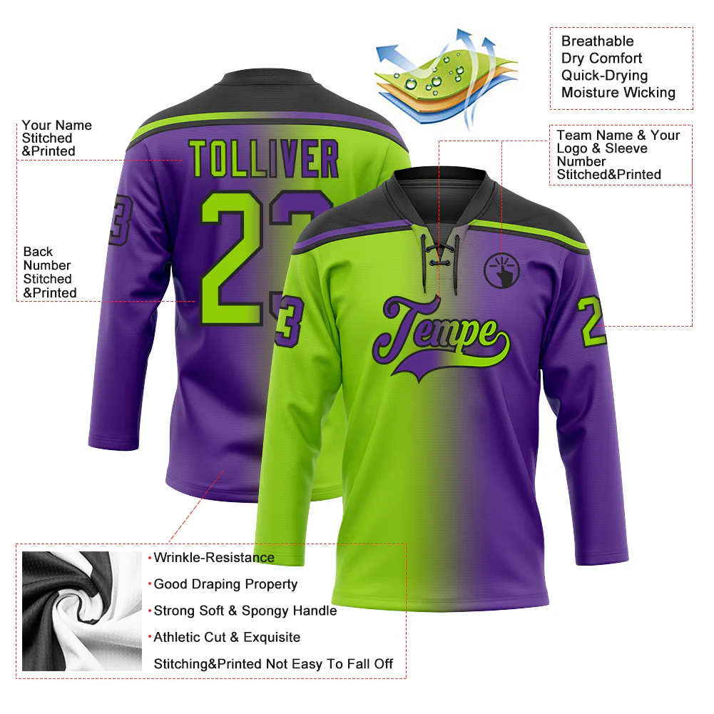 Custom Purple Neon Green-Black Gradient Fashion Hockey Lace Neck Jersey - Image 5
