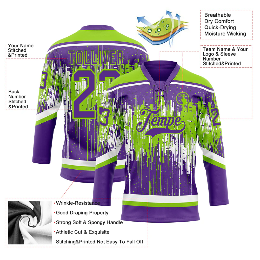 Custom Purple Neon Green-White Dripping Splatter Pattern Hockey Lace Neck Jersey - Image 5