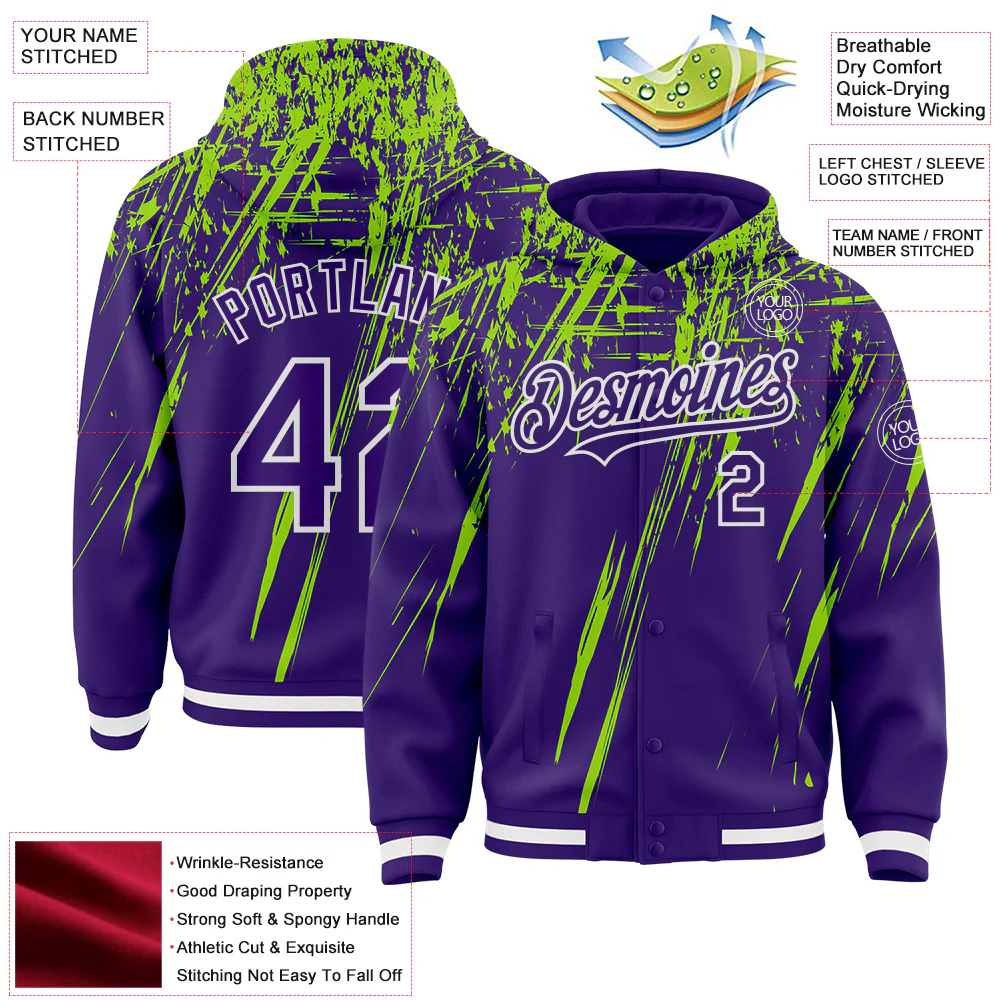 Custom Purple Neon Green-White Splash Bomber Full-Snap Varsity Letterman Hoodie Jacket - Image 4