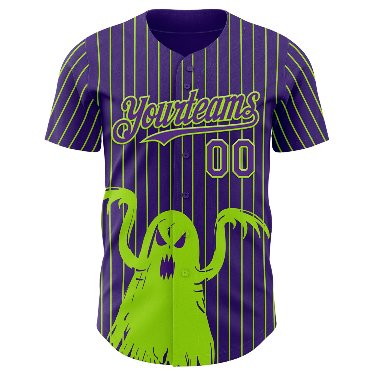 Custom Purple Neon Green Pinstripe Neon Green 3D Halloween Spooky Party Costume Ideas Authentic Baseball Jersey - Image 2
