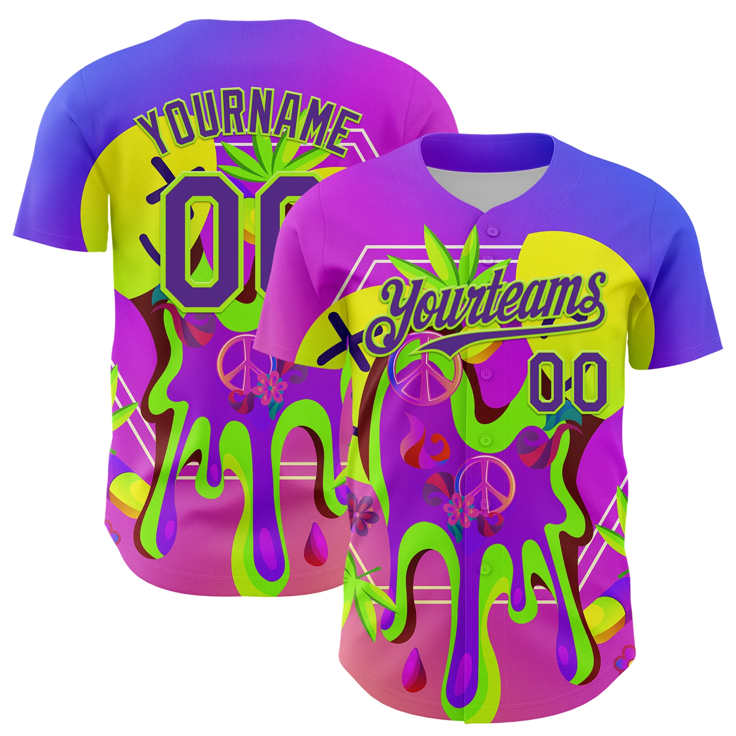 Custom Purple Neon Green 3D Pattern Design Trippy Psychedelic Peace Sign Authentic Baseball Jersey