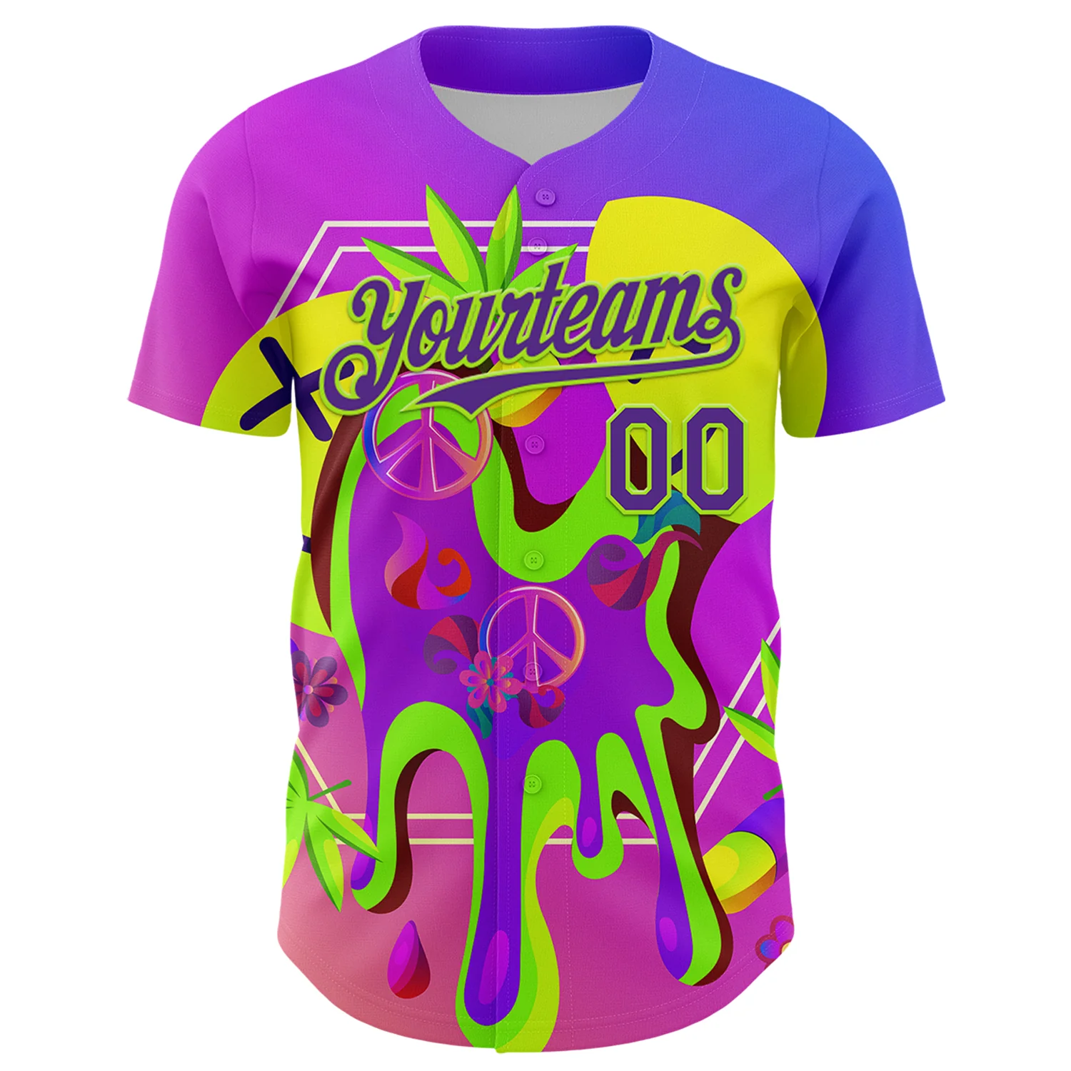 Custom Purple Neon Green 3D Pattern Design Trippy Psychedelic Peace Sign Authentic Baseball Jersey - Image 2