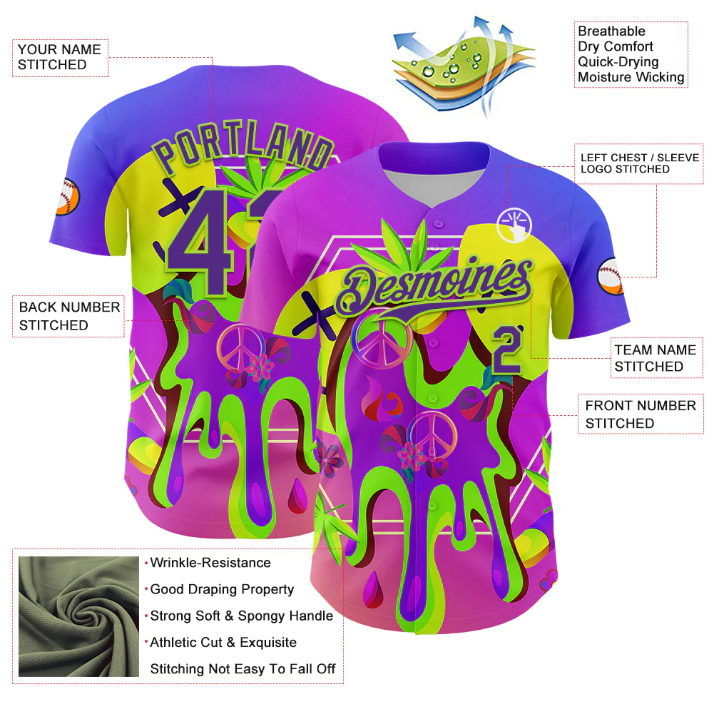Custom Purple Neon Green 3D Pattern Design Trippy Psychedelic Peace Sign Authentic Baseball Jersey - Image 3