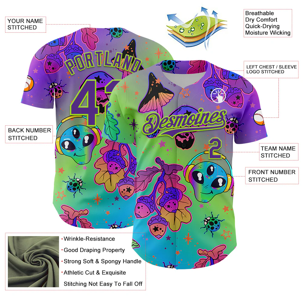 Custom Purple Neon Green 3D Pattern Design Trippy Magic Mushrooms Alien Authentic Baseball Jersey - Image 3
