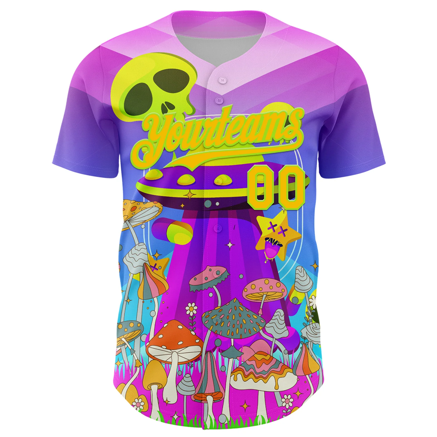 Custom Purple Yellow-Neon Green 3D Pattern Design Trippy Magic Mushrooms Alien Authentic Baseball Jersey - Image 2