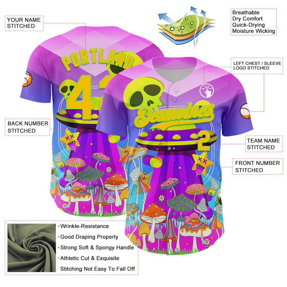Custom Purple Yellow-Neon Green 3D Pattern Design Trippy Magic Mushrooms Alien Authentic Baseball Jersey - Image 3
