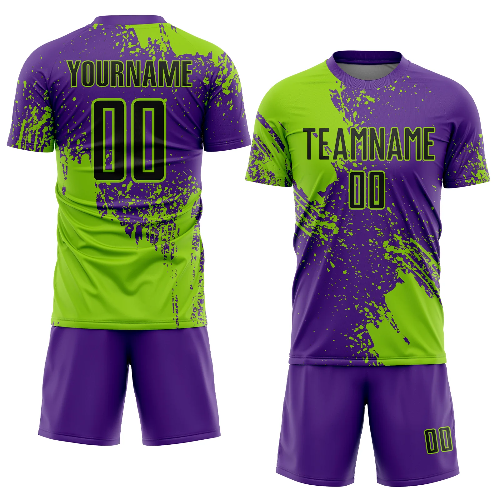 Custom Purple Black-Neon Green Abstract Brush Stroke Sports Sublimation Soccer Uniform Jersey - Image 2