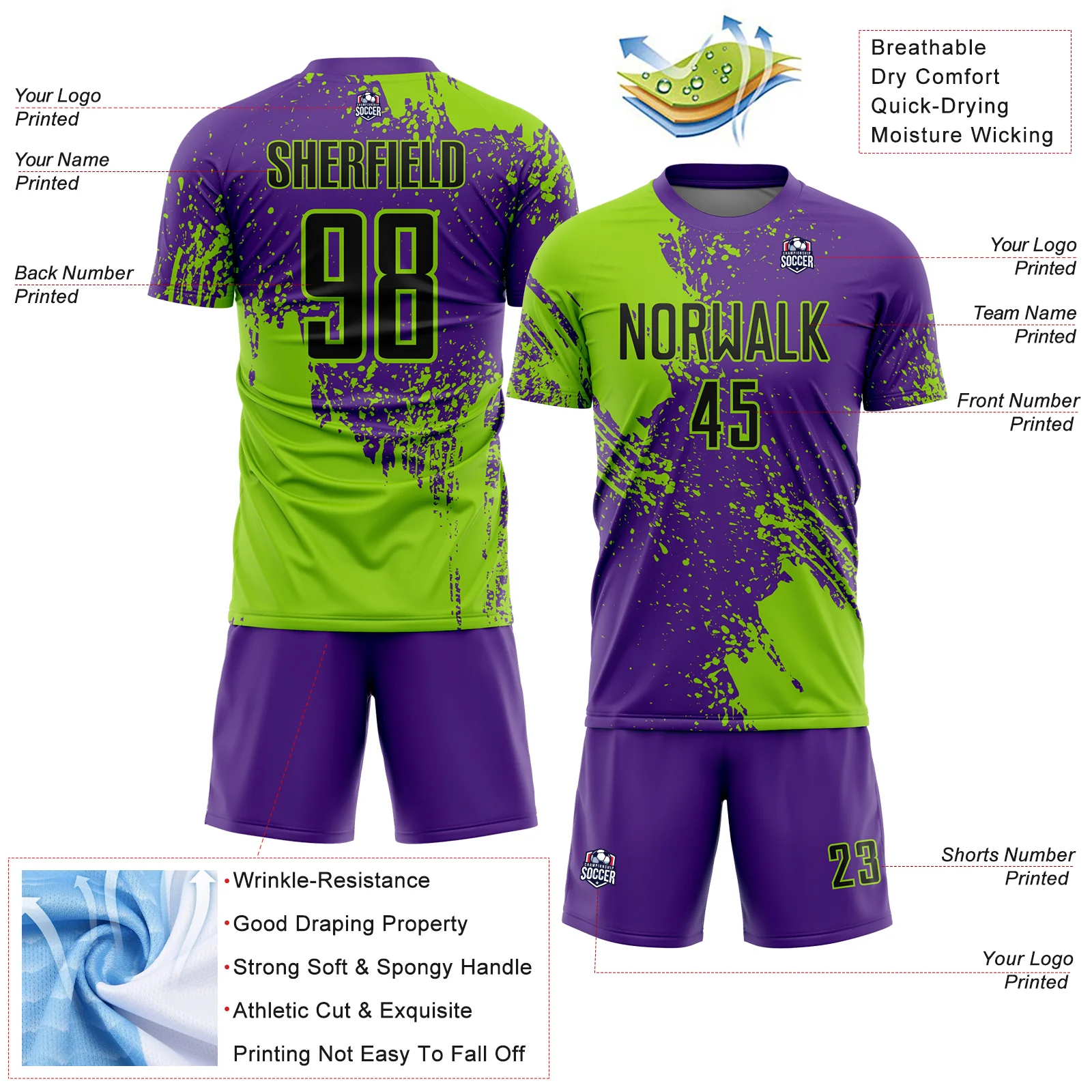 Custom Purple Black-Neon Green Abstract Brush Stroke Sports Sublimation Soccer Uniform Jersey - Image 4