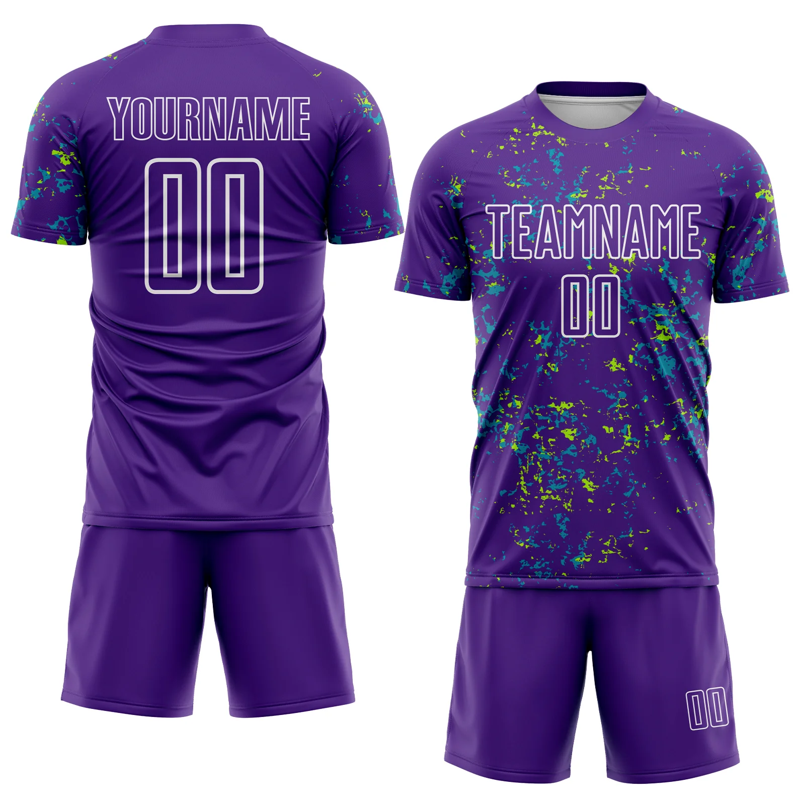 Custom Purple Neon Green-Teal Abstract Fragment Art Sublimation Soccer Uniform Jersey - Image 2