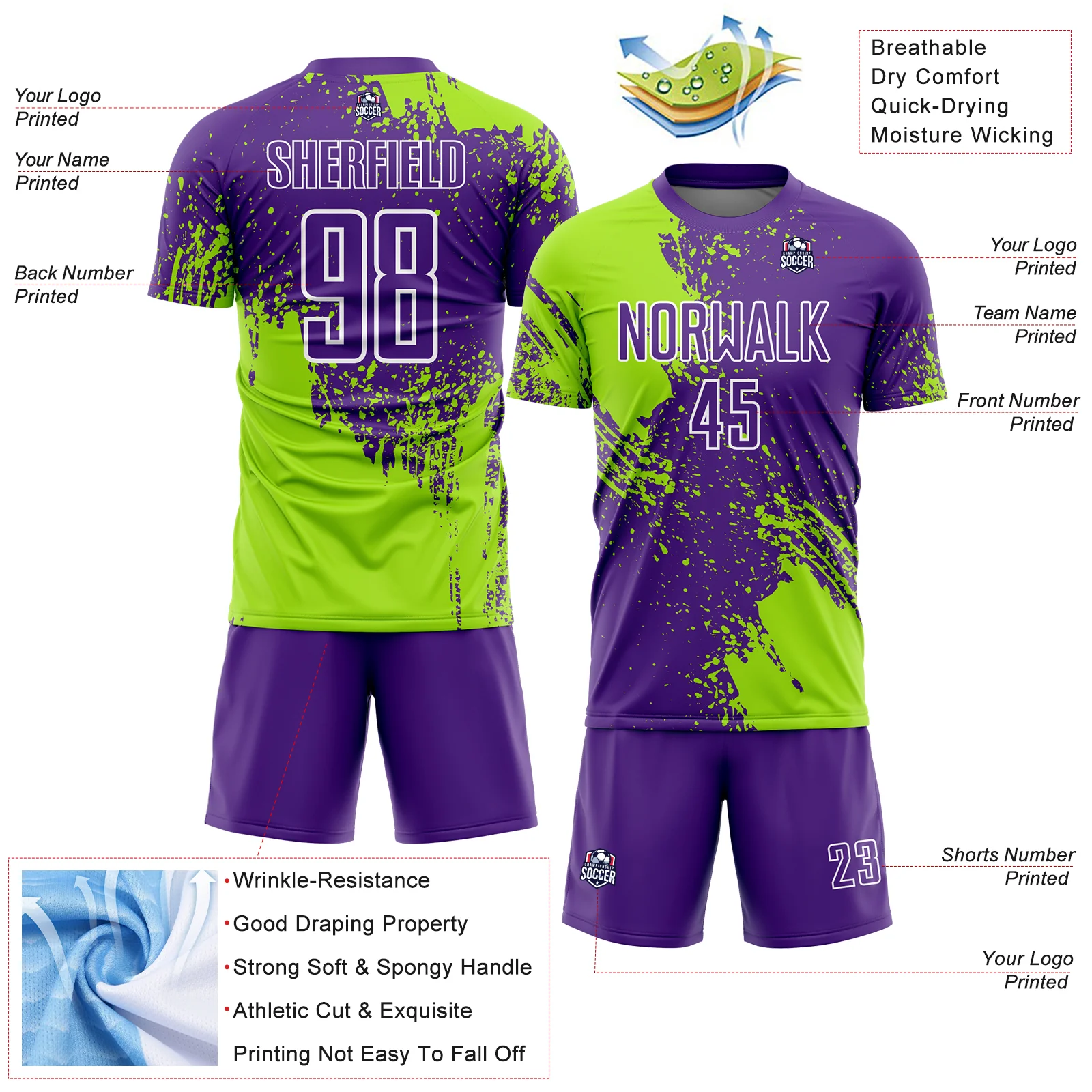 Custom Purple Neon Green-White Abstract Brush Stroke Sports Sublimation Soccer Uniform Jersey - Image 4