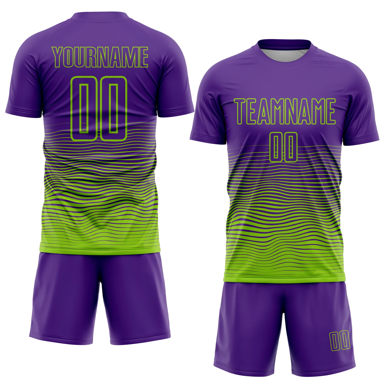 Custom Purple Neon Green Gradient Wave Line Sports Sublimation Soccer Uniform Jersey - Image 2